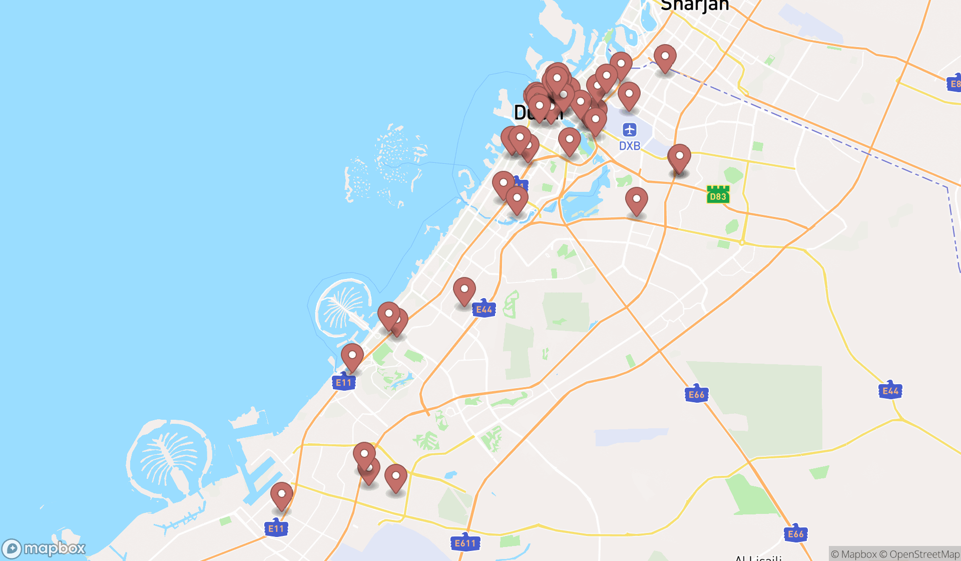 Map showing the search results in Dubai