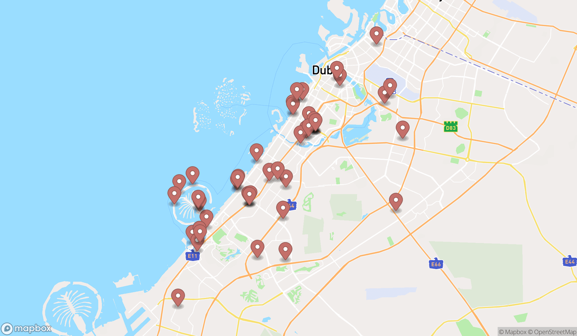 Map showing the search results in Dubai