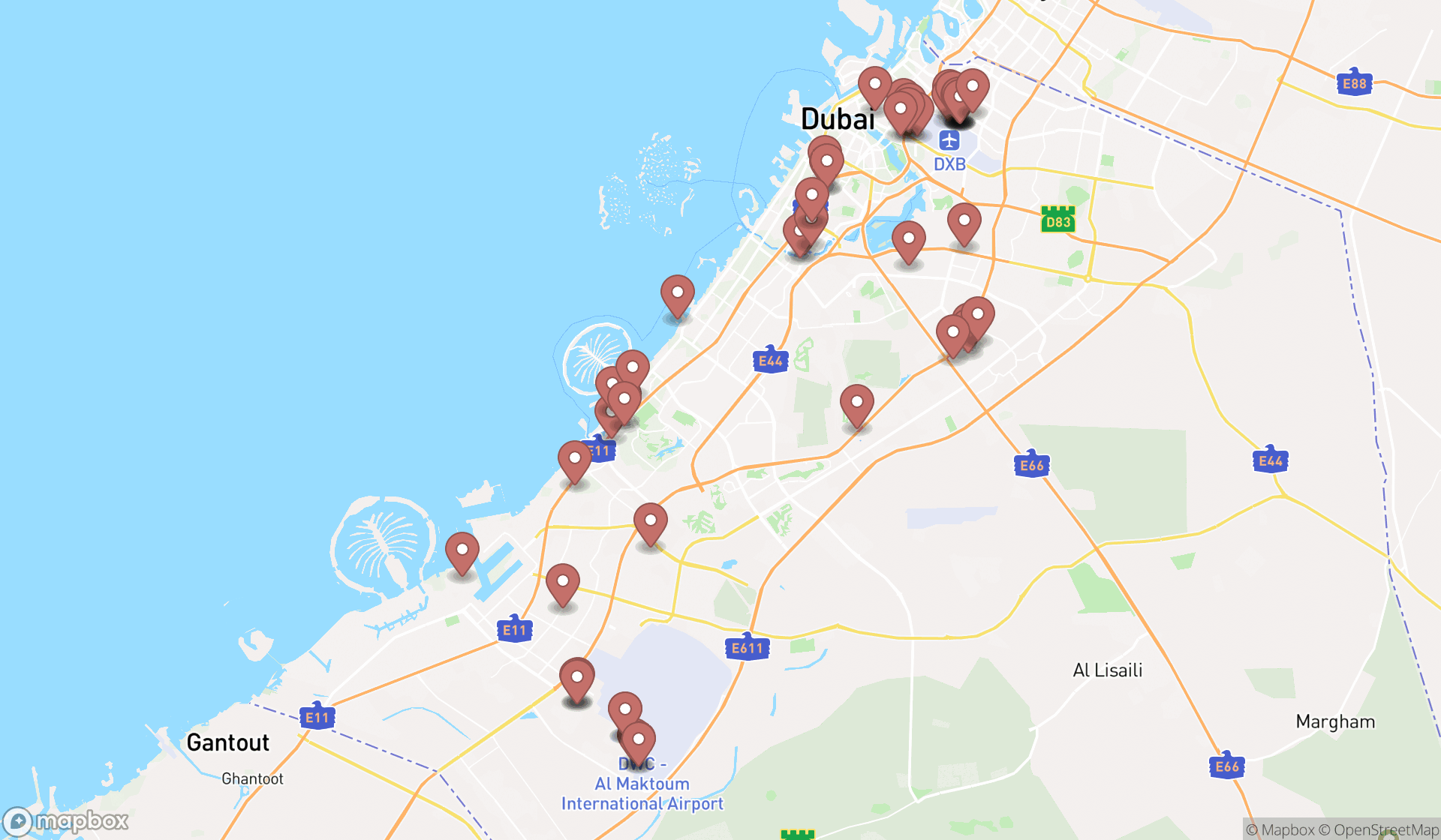 Map showing the search results in Dubai