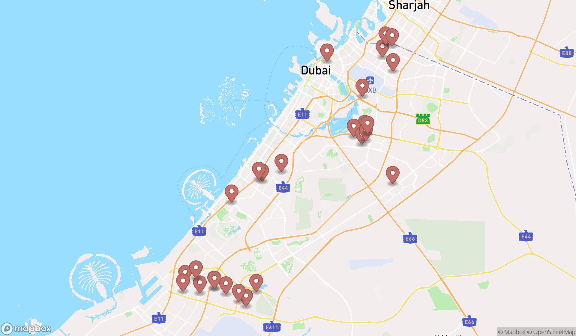 Map showing the search results in Dubai