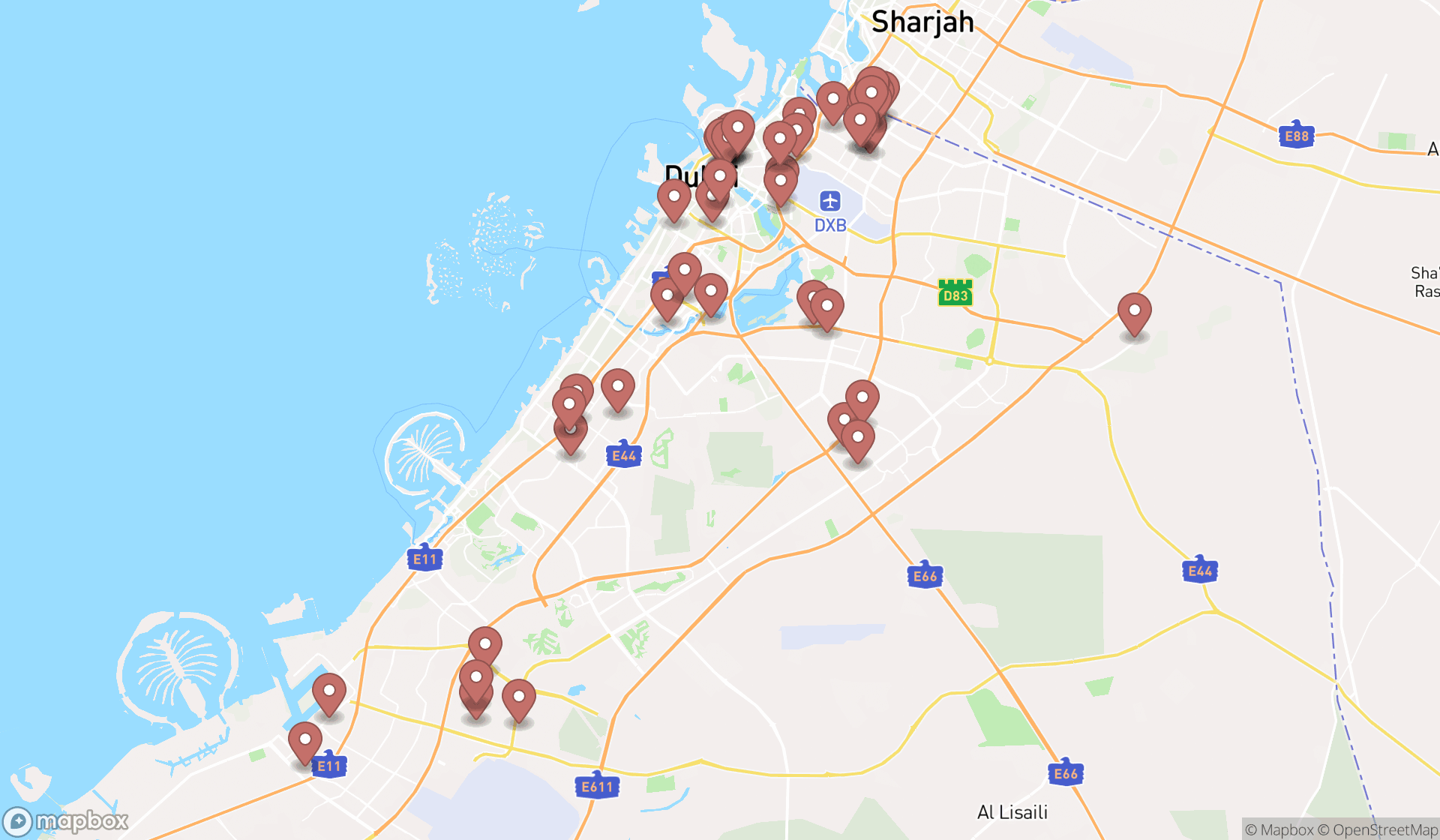 Map showing the search results in Dubai