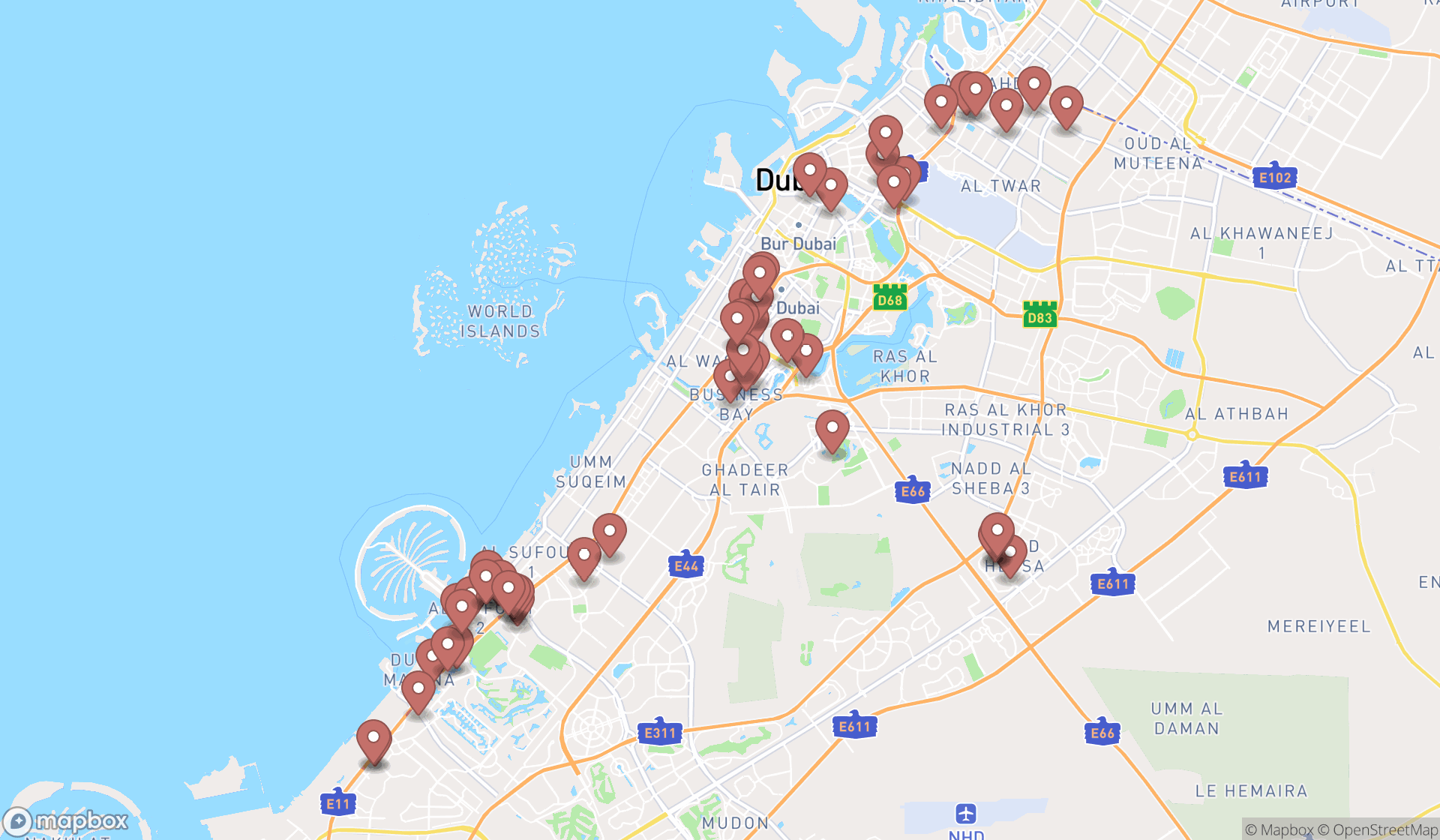 Map showing the search results in Dubai
