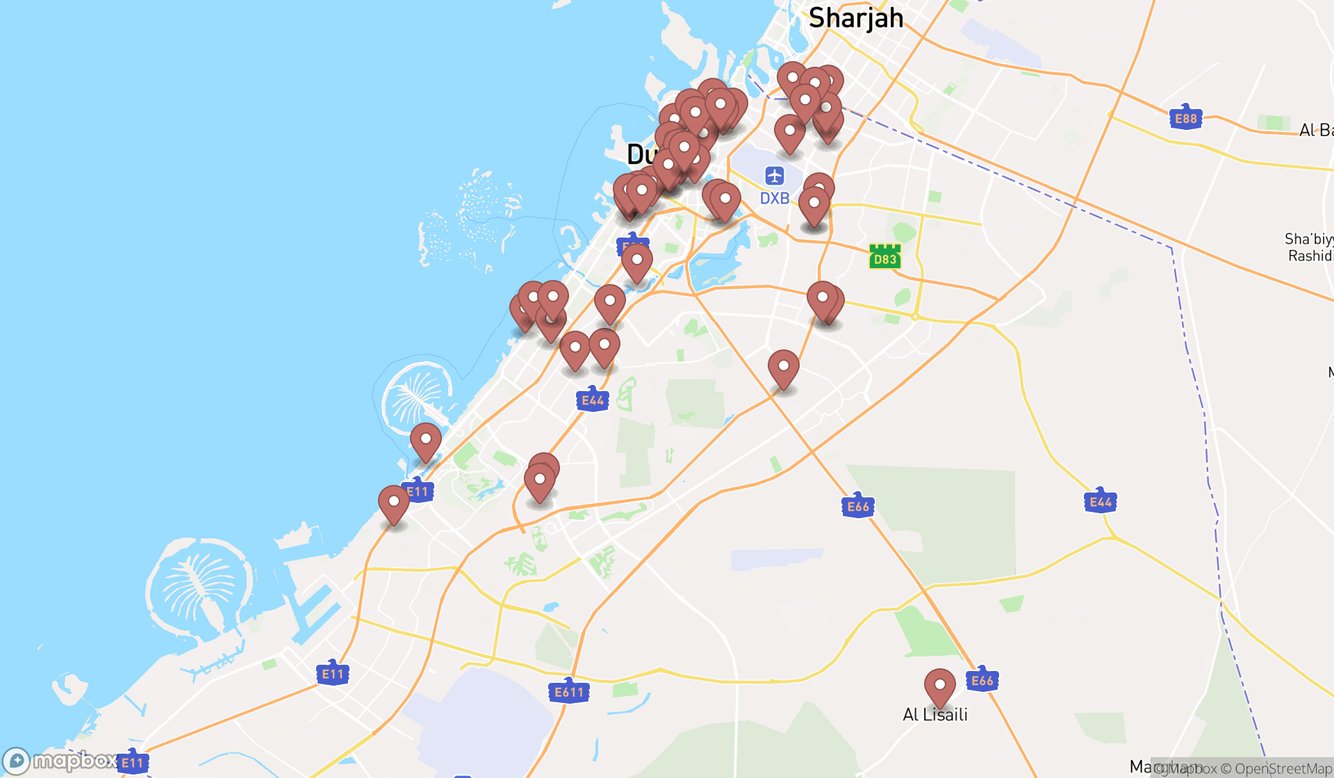 Map showing the search results in Dubai