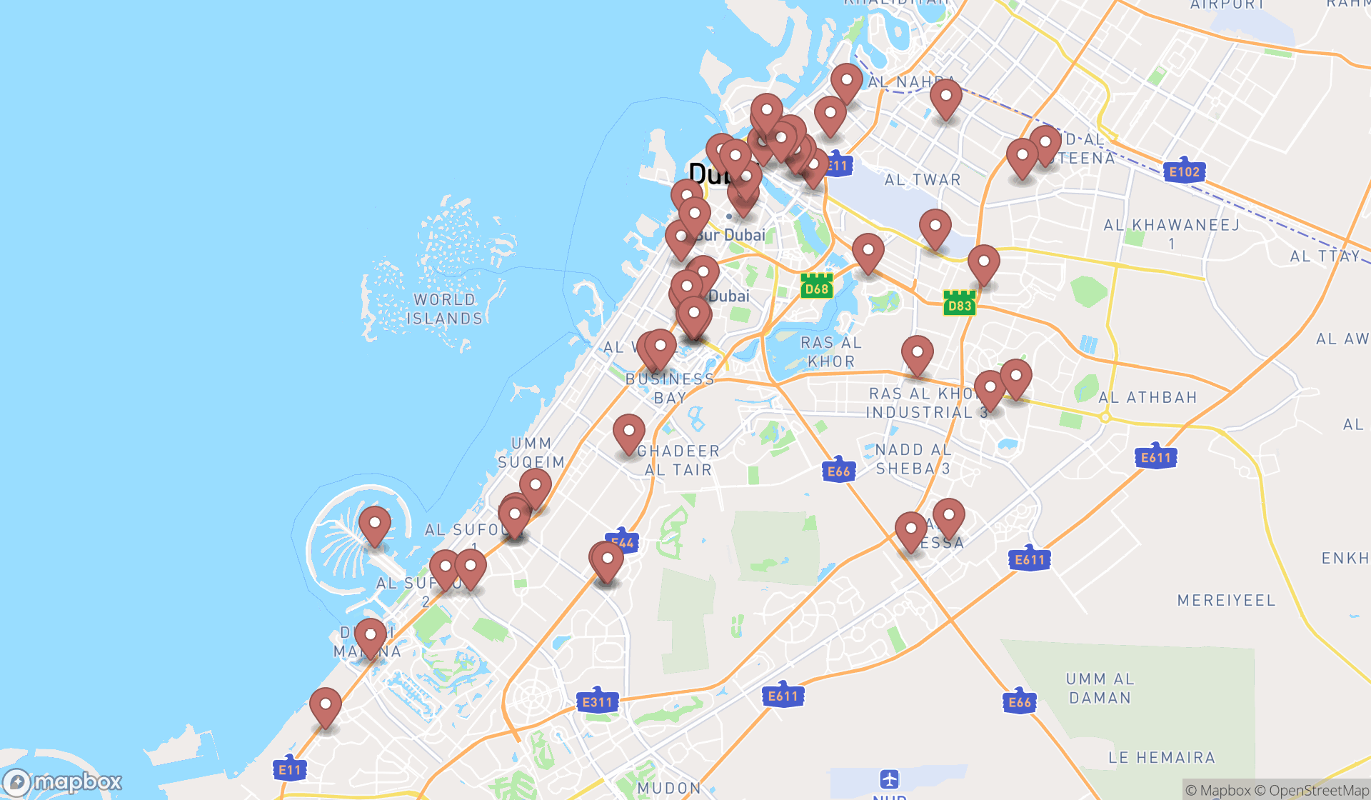 Map showing the search results in Dubai
