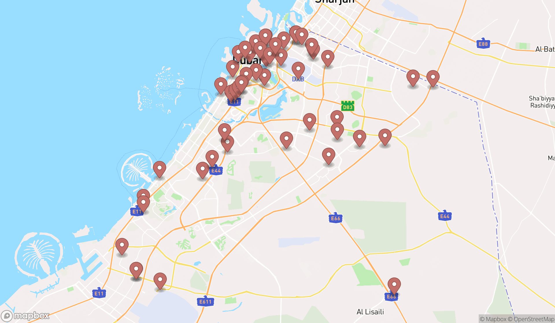Map showing the search results in Dubai