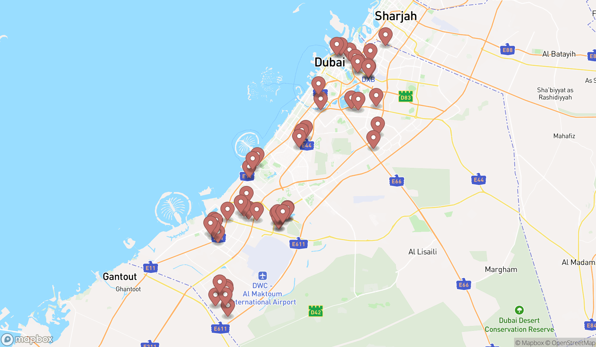 Map showing the search results in Dubai