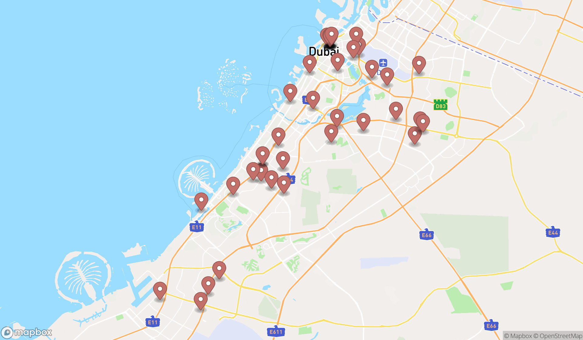 Map showing the search results in Dubai