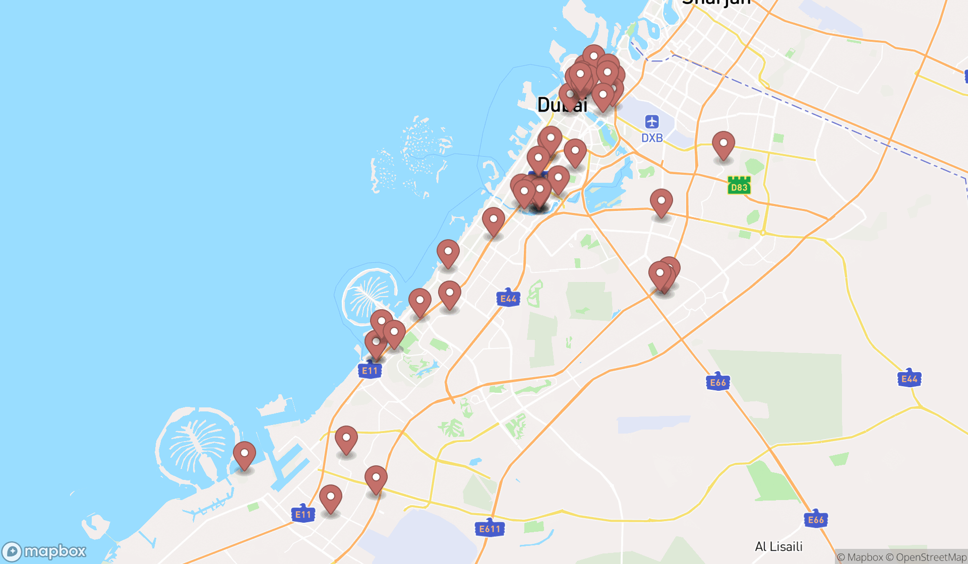 Map showing the search results in Dubai