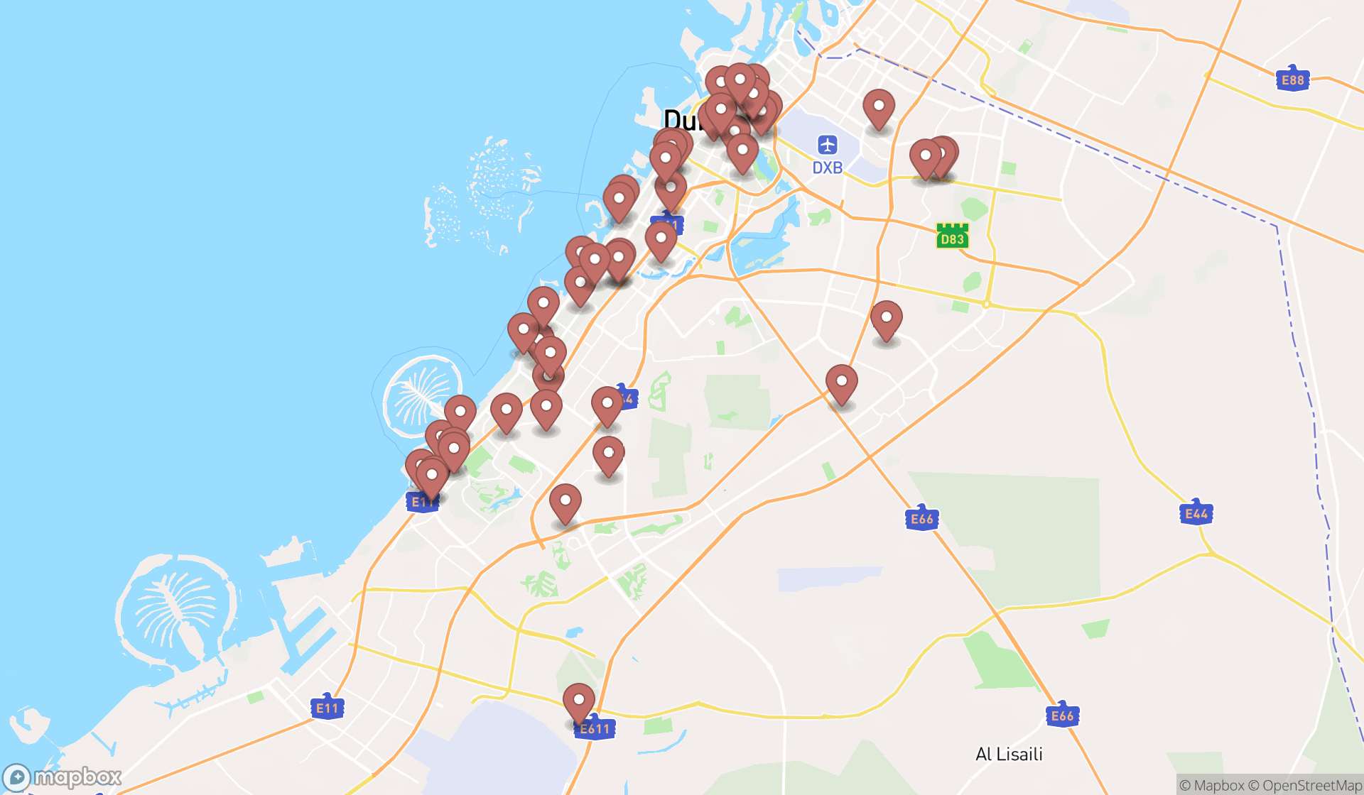 Map showing the search results in Dubai