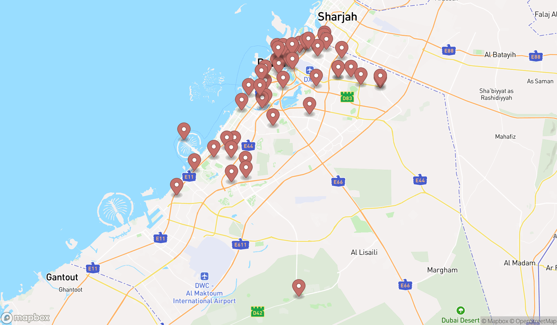 Map showing the search results in Dubai
