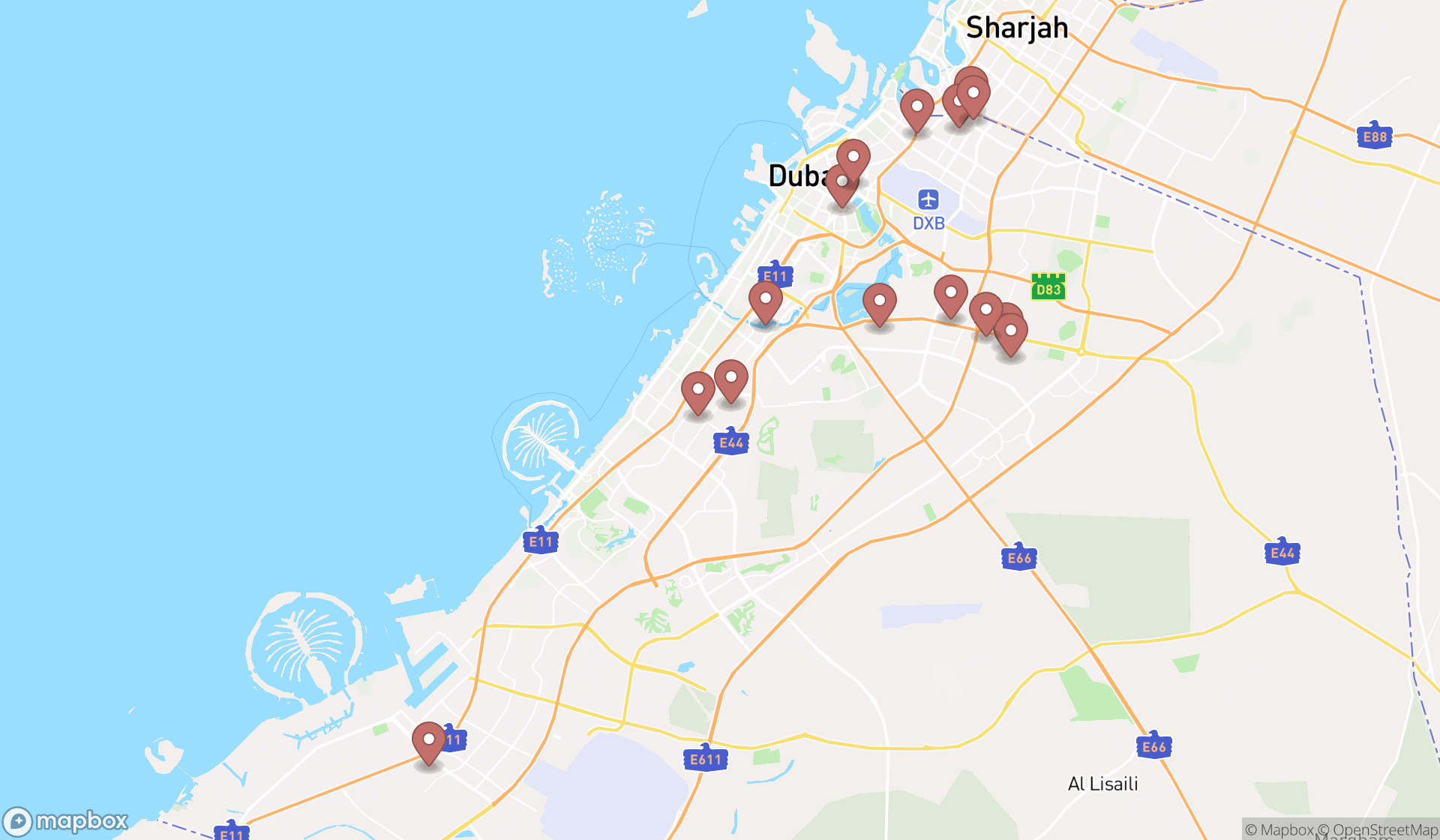Map showing the search results in Dubai