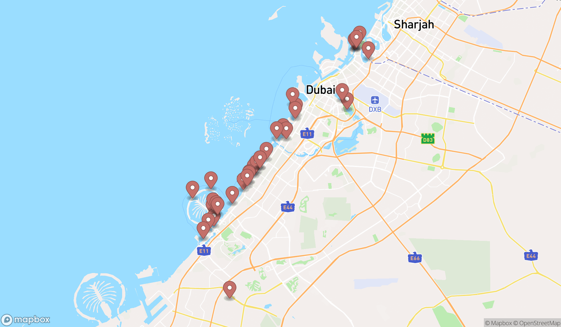 Map showing the search results in Dubai