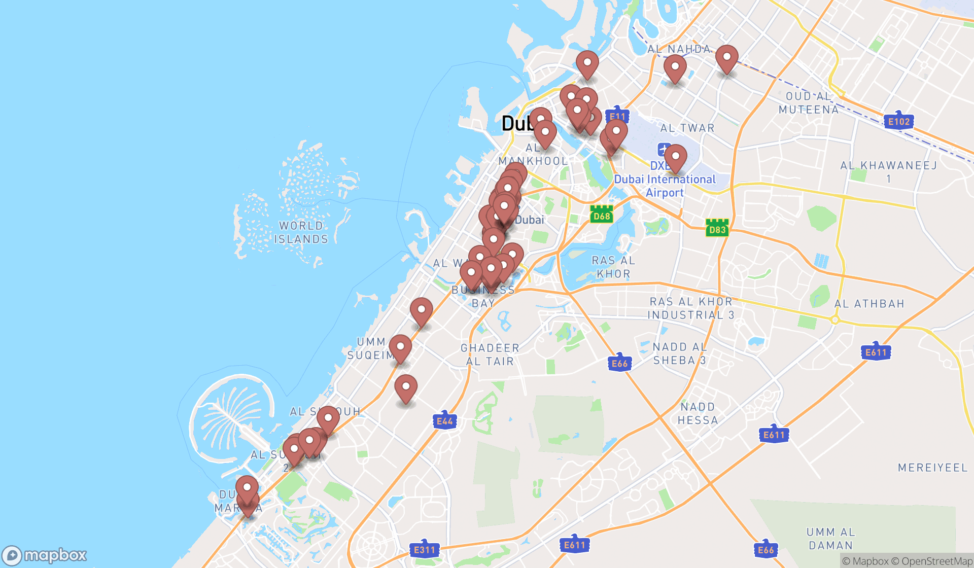 Map showing the search results in Dubai