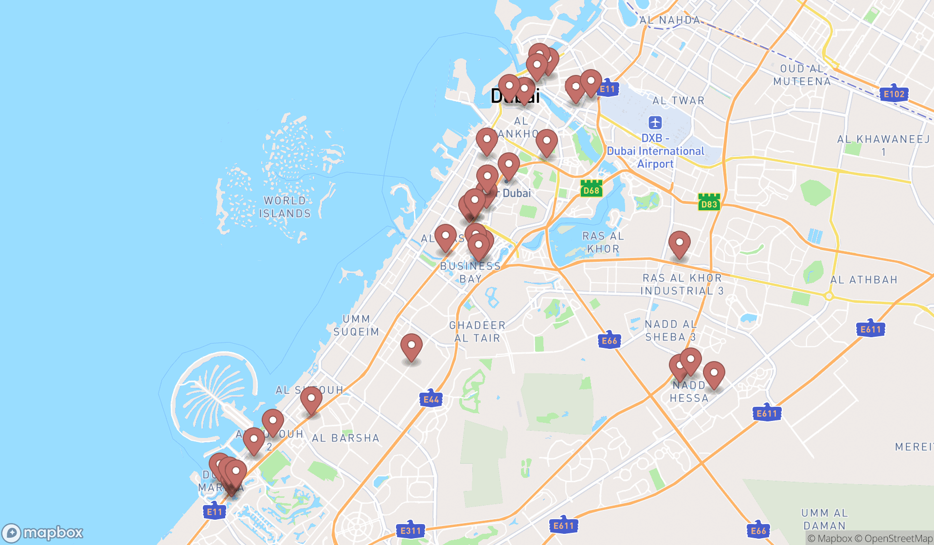 Map showing the search results in Dubai