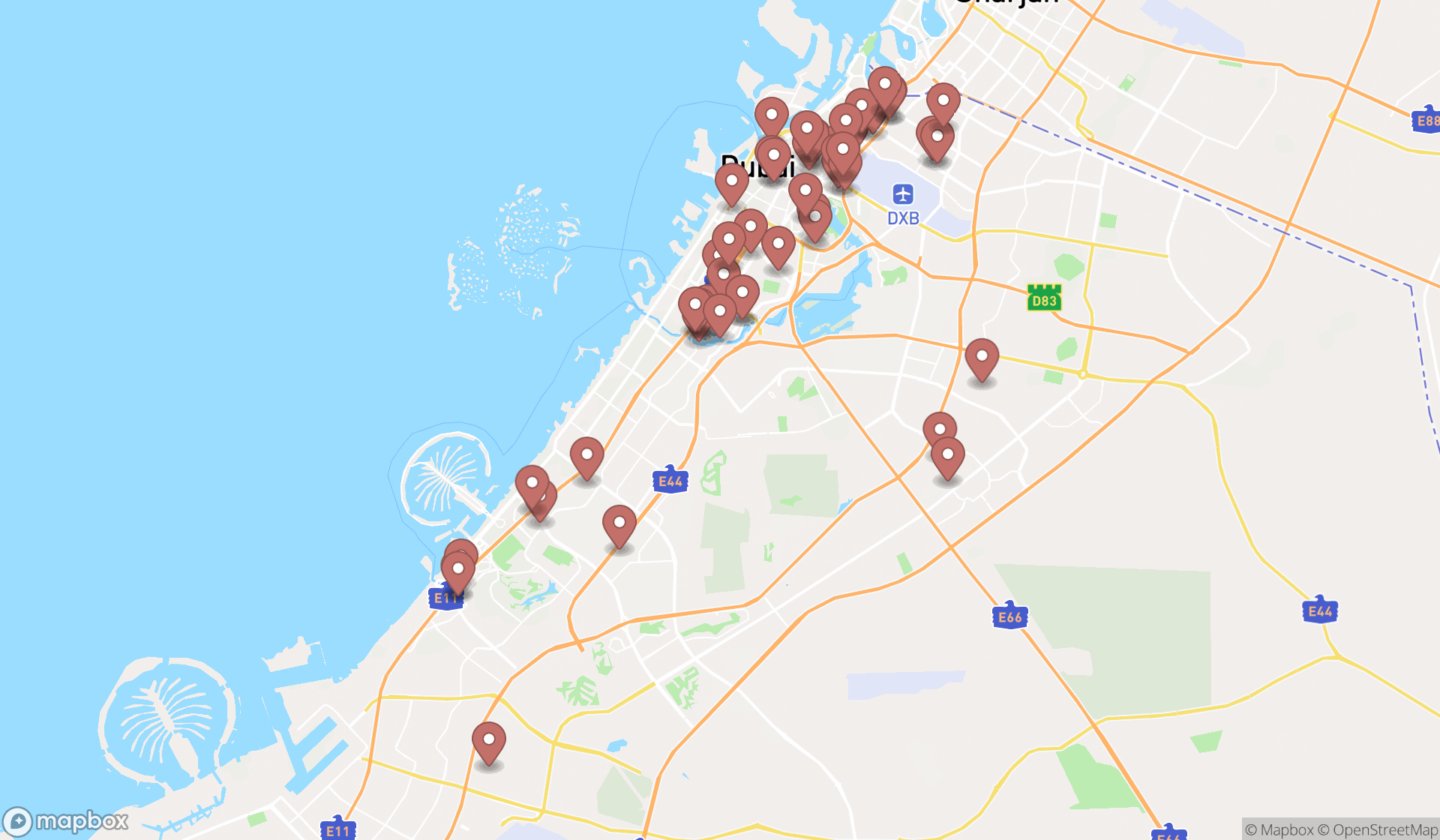 Map showing the search results in Dubai