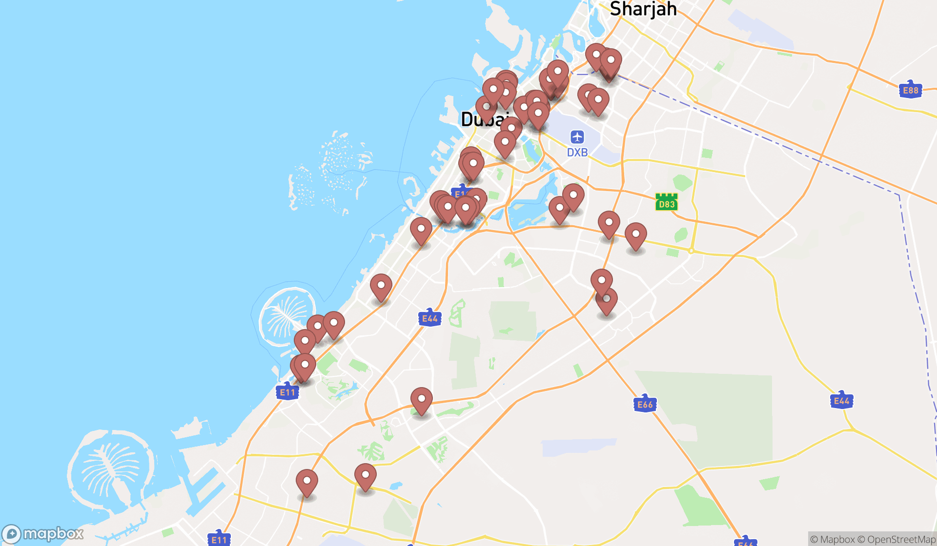 Map showing the search results in Dubai