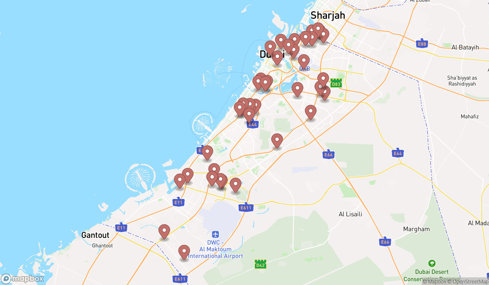 Map showing the search results in Dubai
