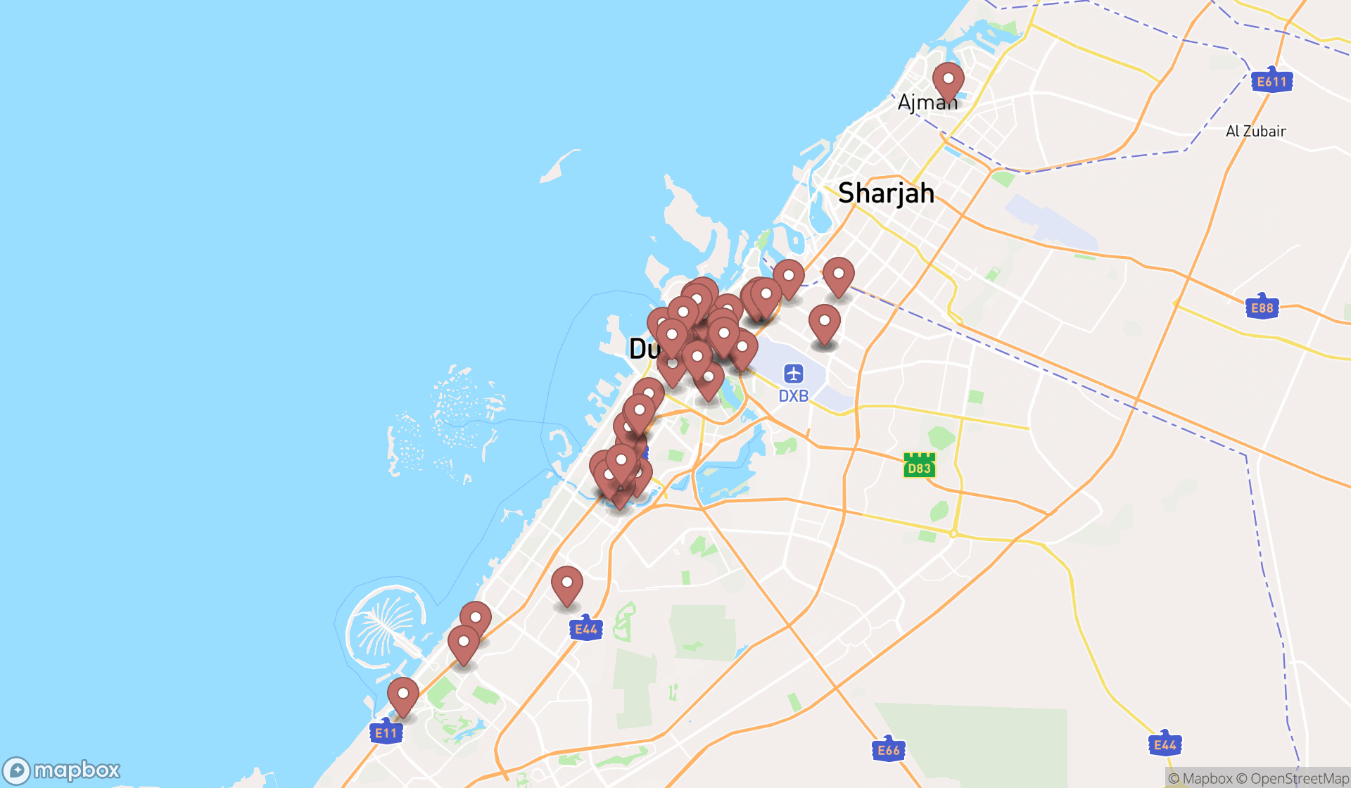 Map showing the search results in Dubai