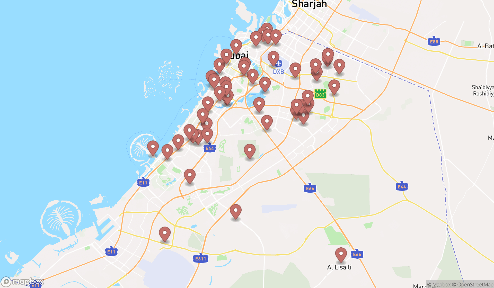 Map showing the search results in Dubai