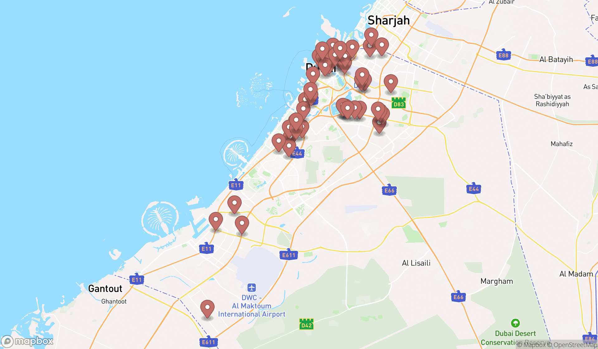 Map showing the search results in Dubai
