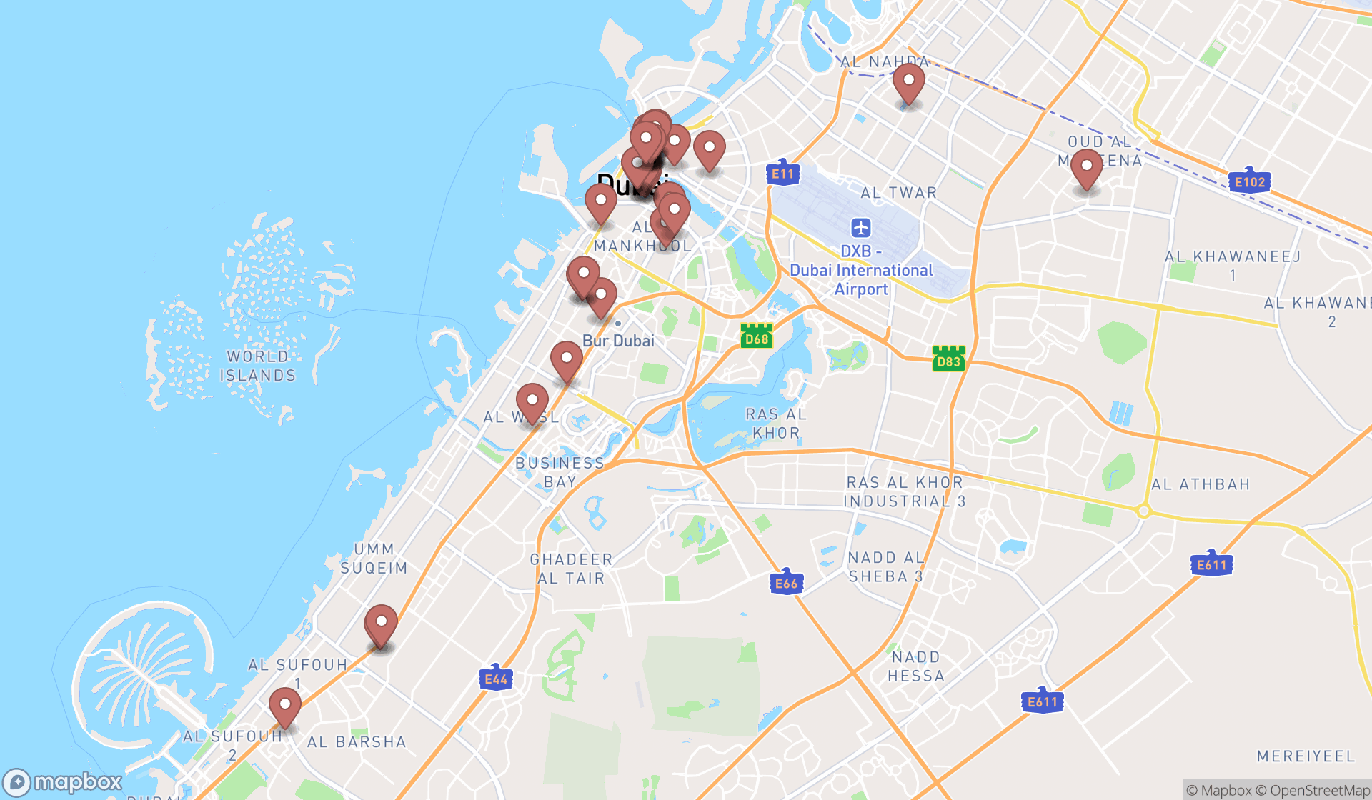 Map showing the search results in Dubai