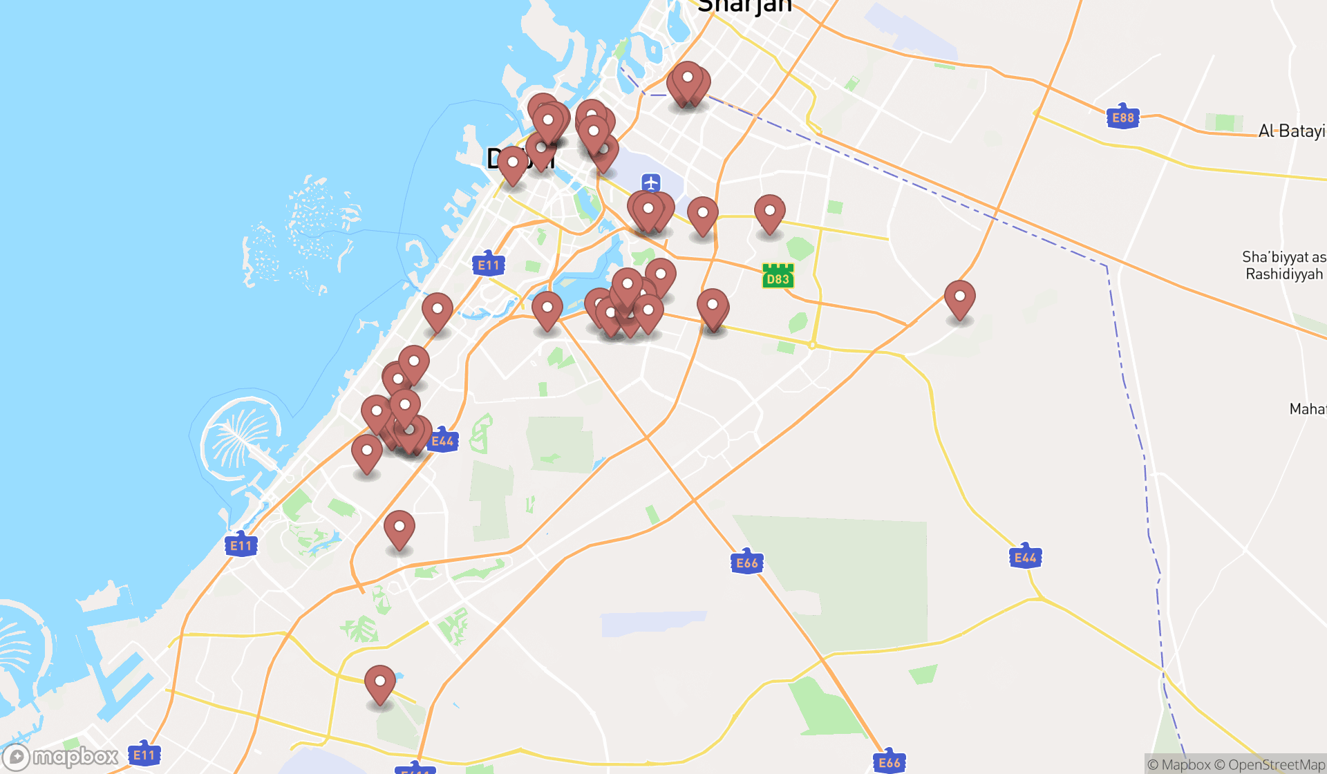 Map showing the search results in Dubai
