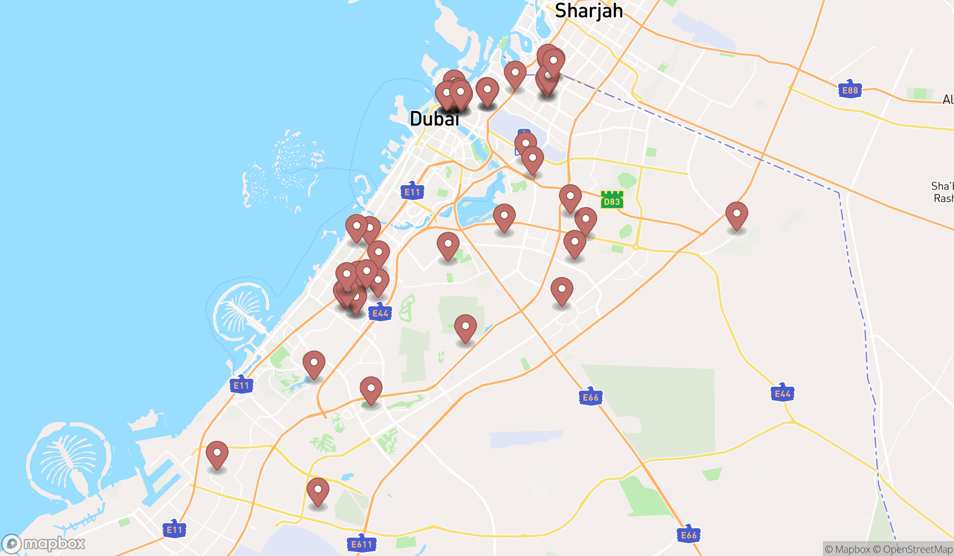 Map showing the search results in Dubai