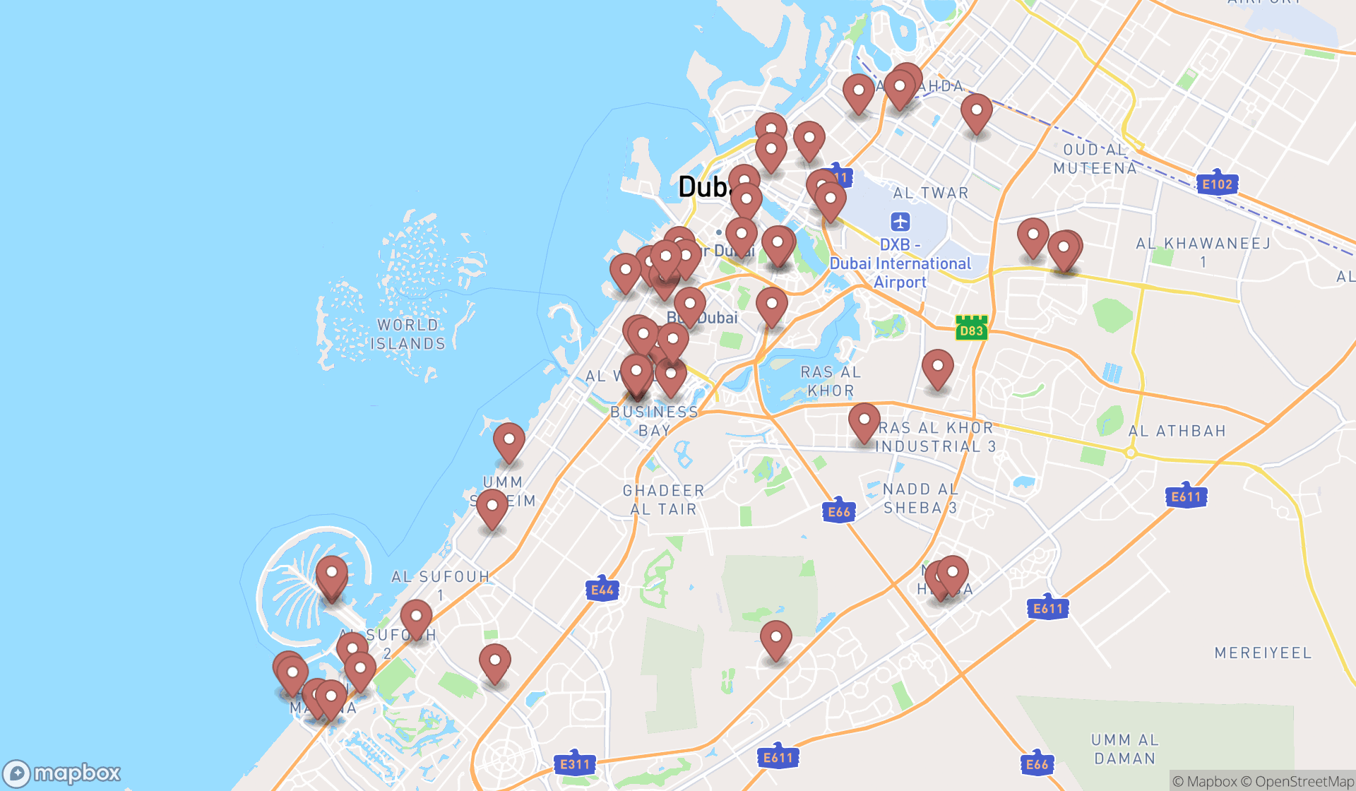 Map showing the search results in Dubai