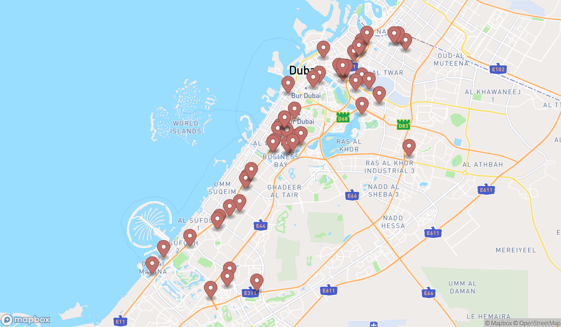 Map showing the search results in Dubai