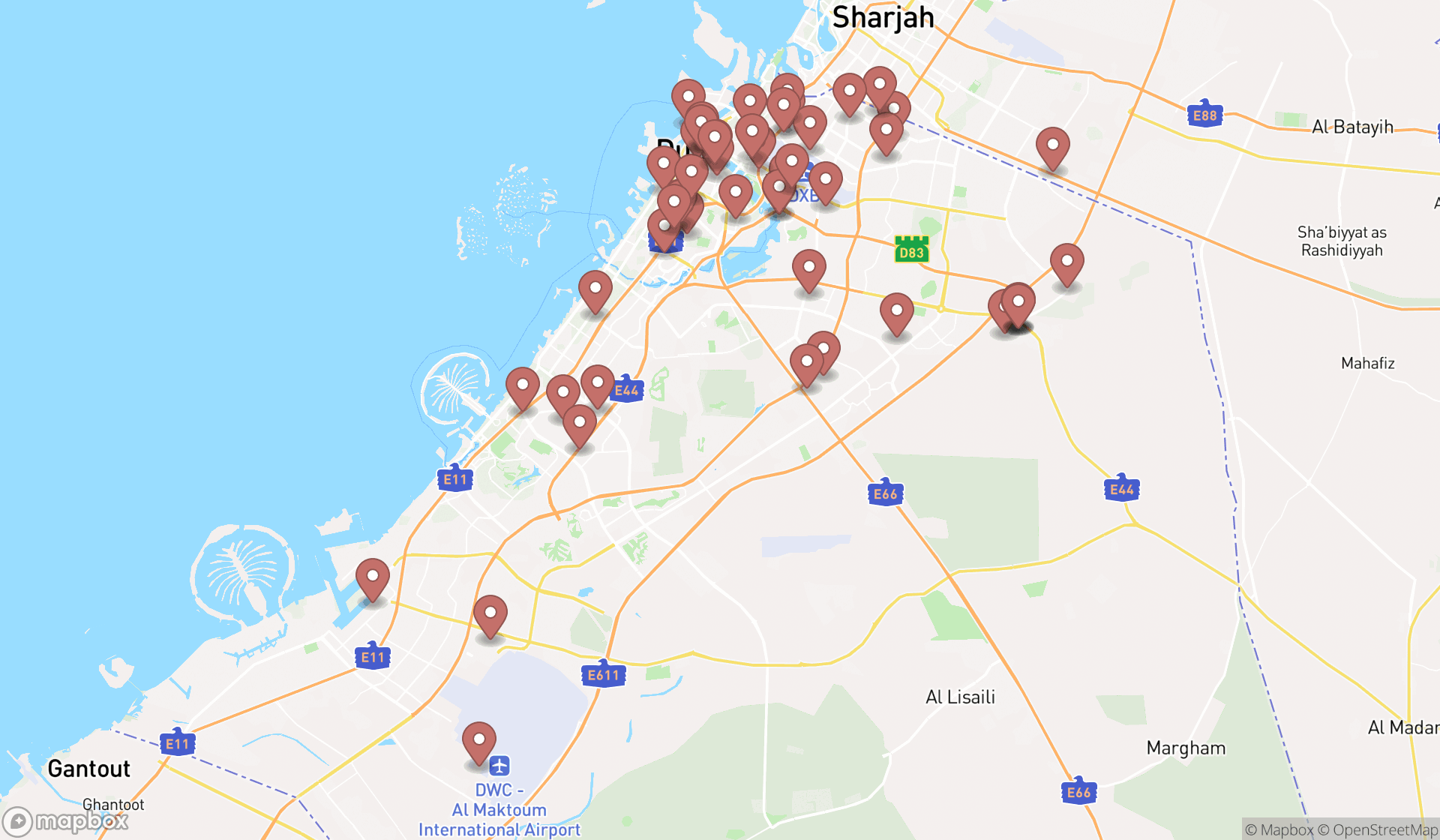 Map showing the search results in Dubai
