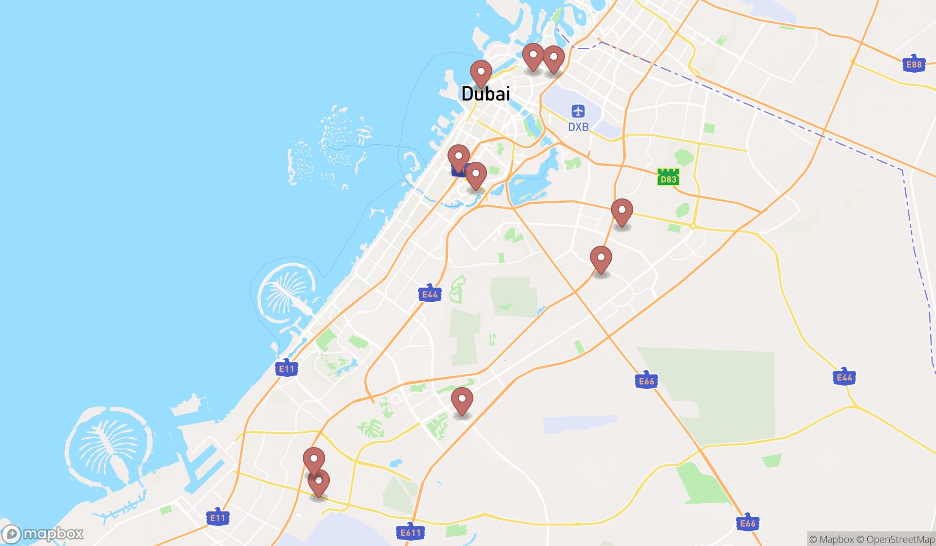 Map showing the search results in Dubai