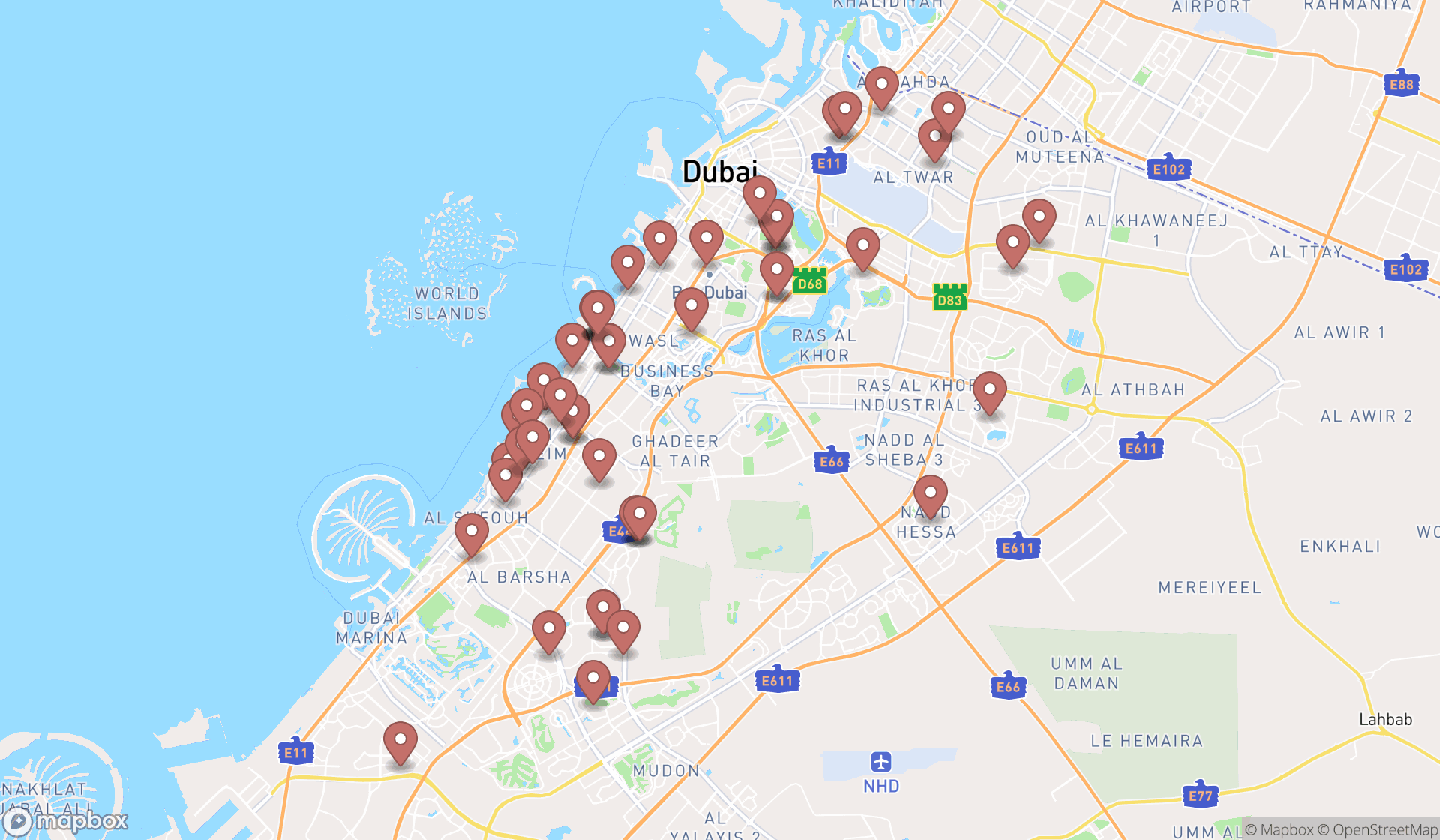 Map showing the search results in Dubai