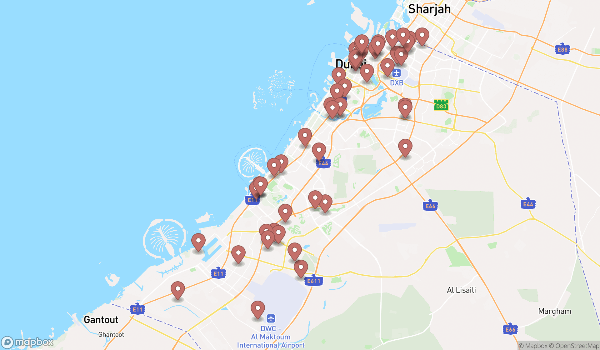 Map showing the search results in Dubai