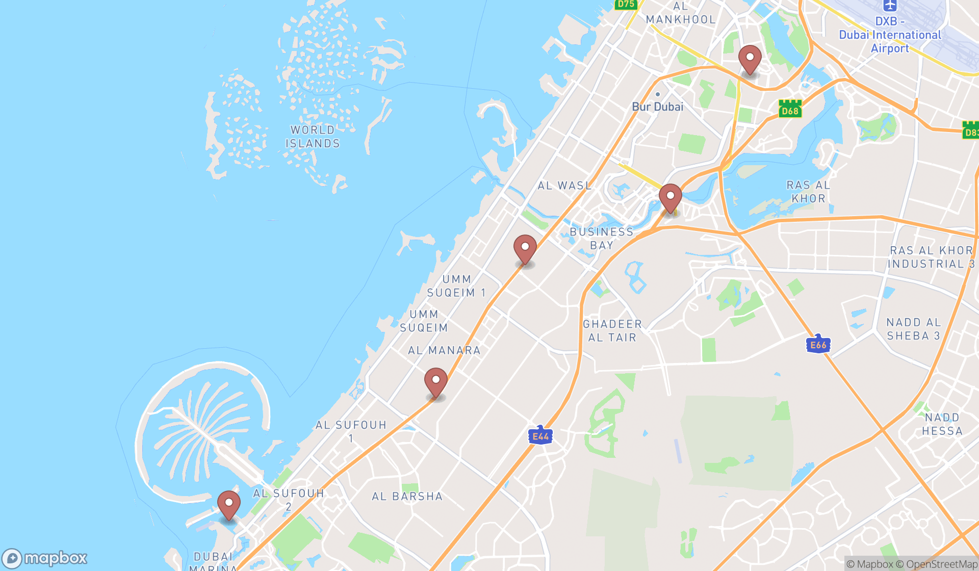 Map showing the search results in Dubai