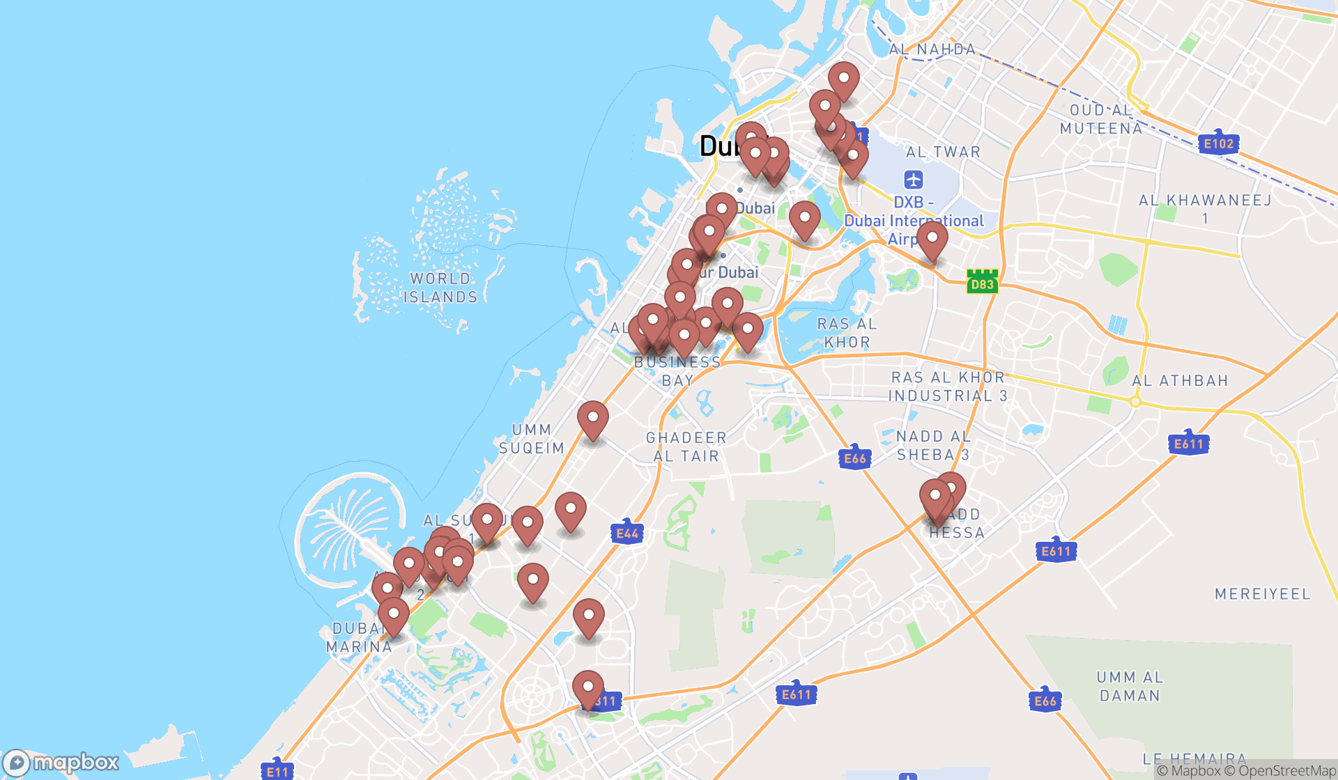 Map showing the search results in Dubai
