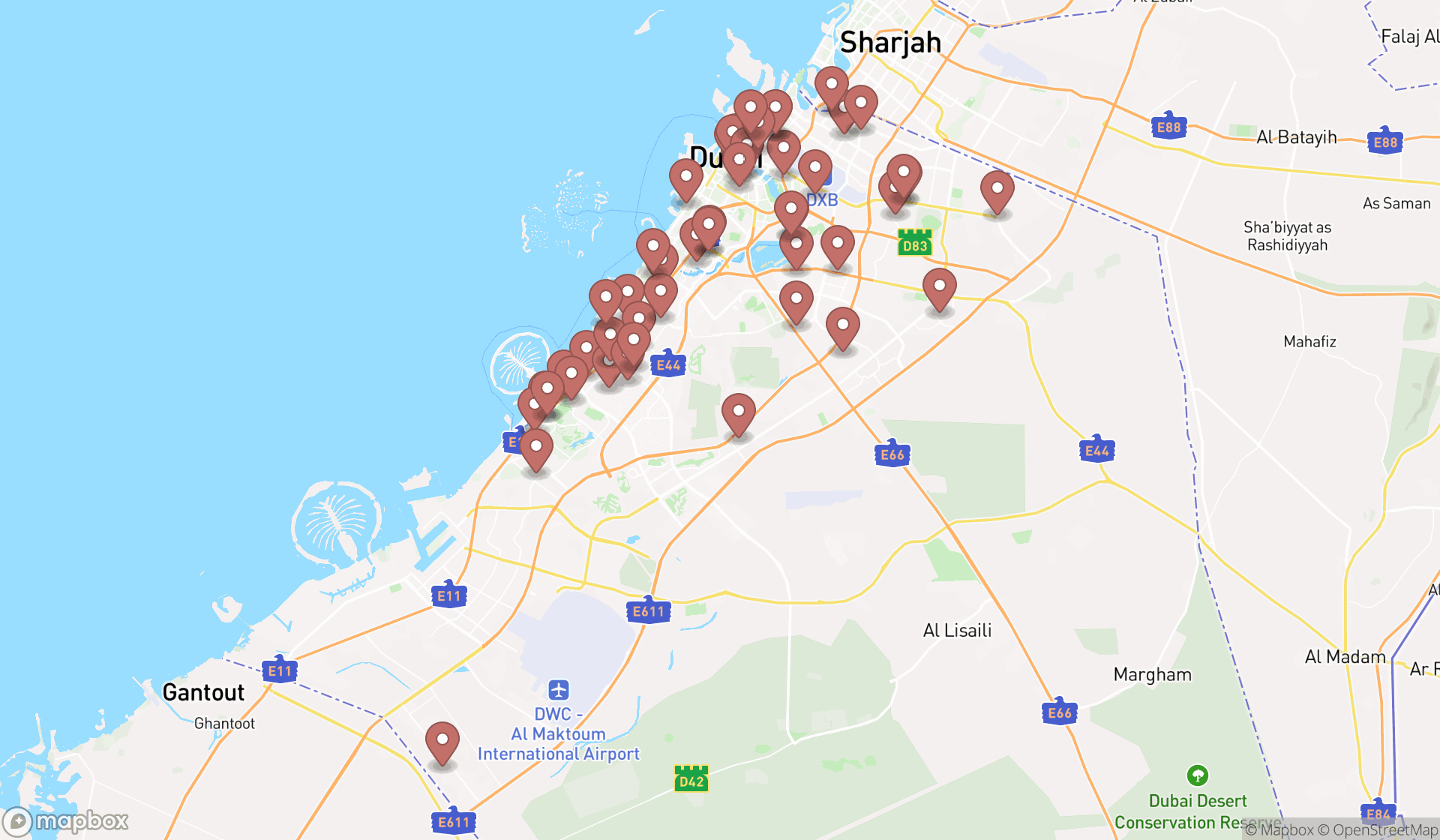 Map showing the search results in Dubai