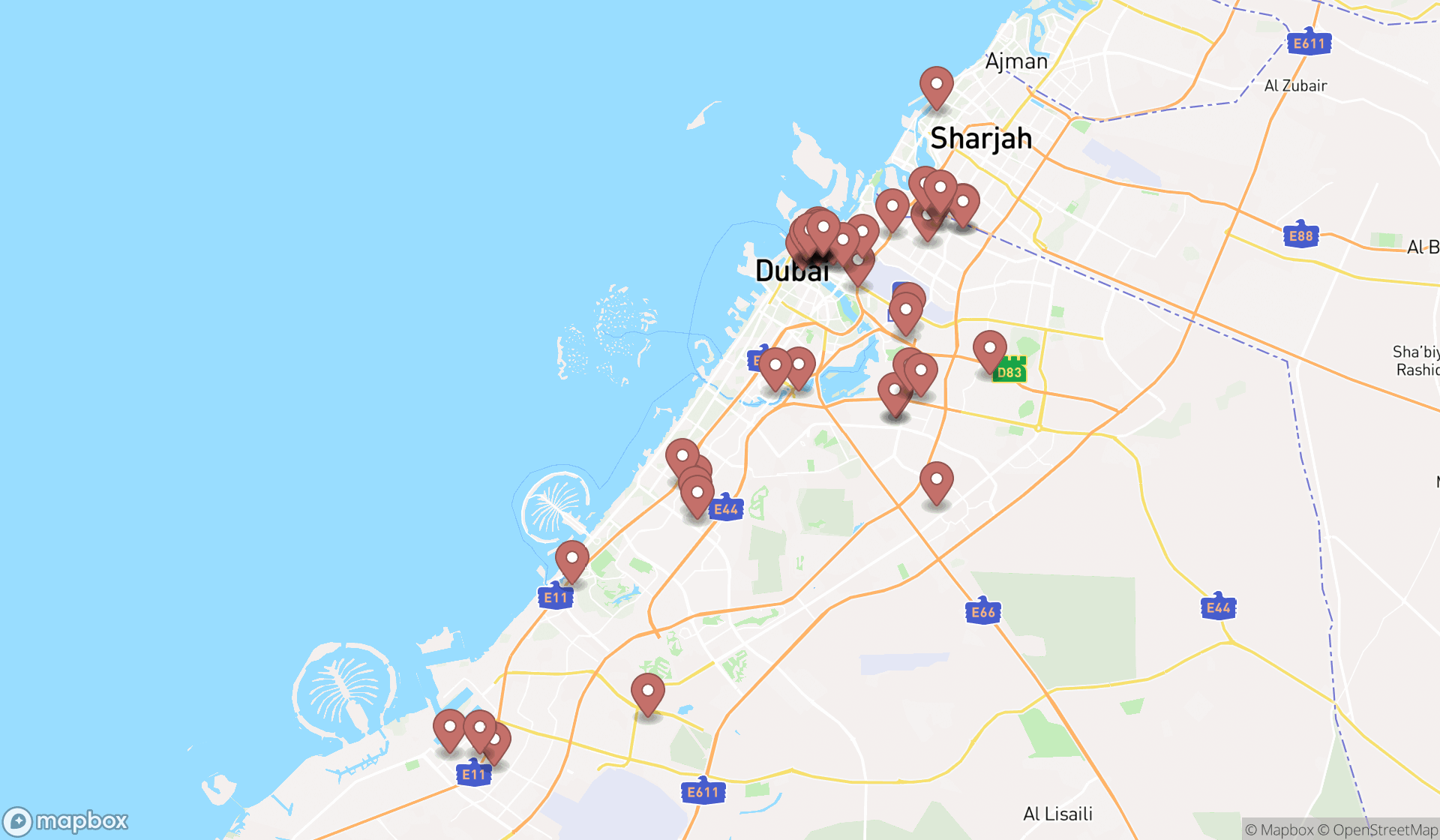 Map showing the search results in Dubai