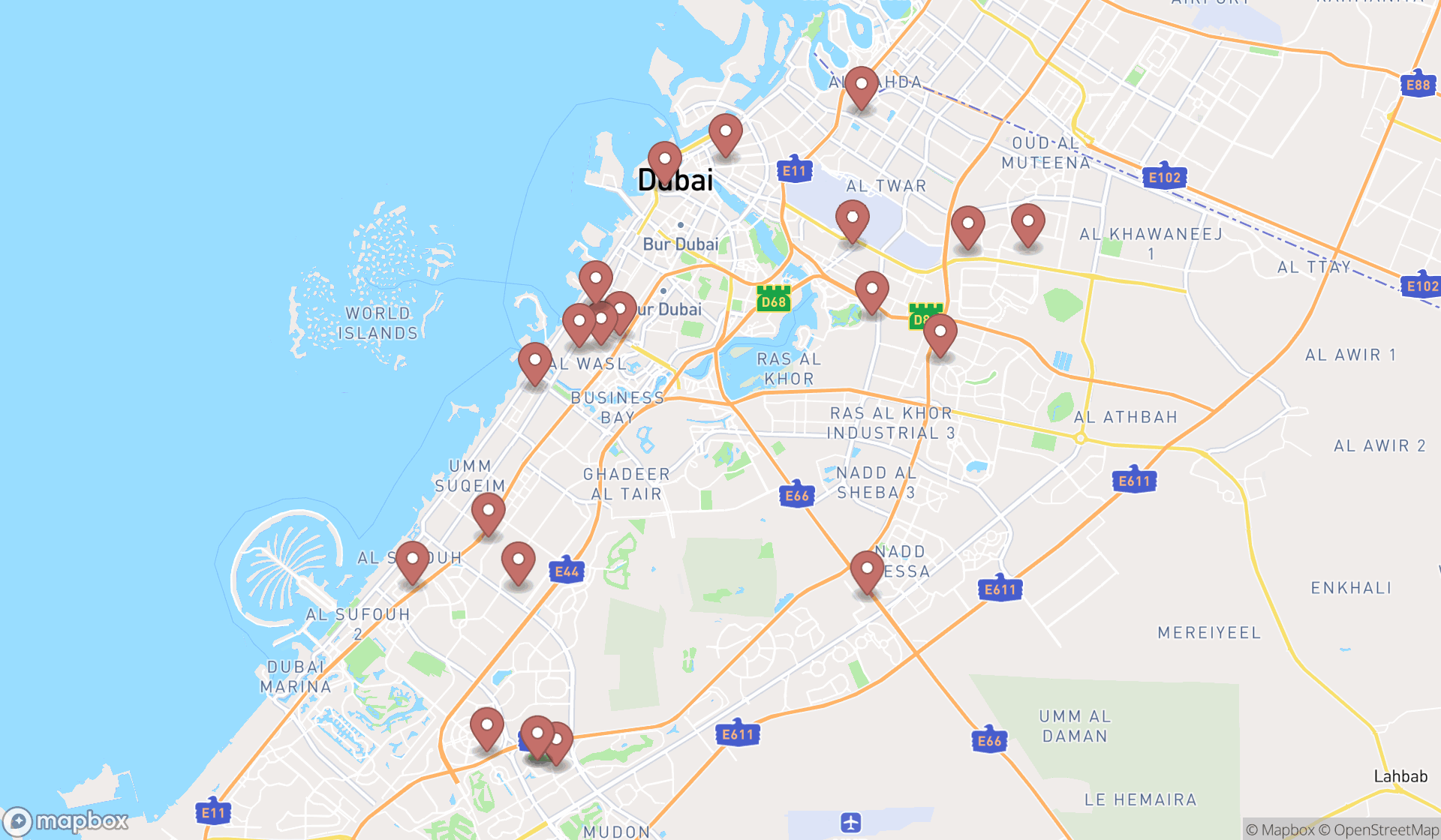 Map showing the search results in Dubai