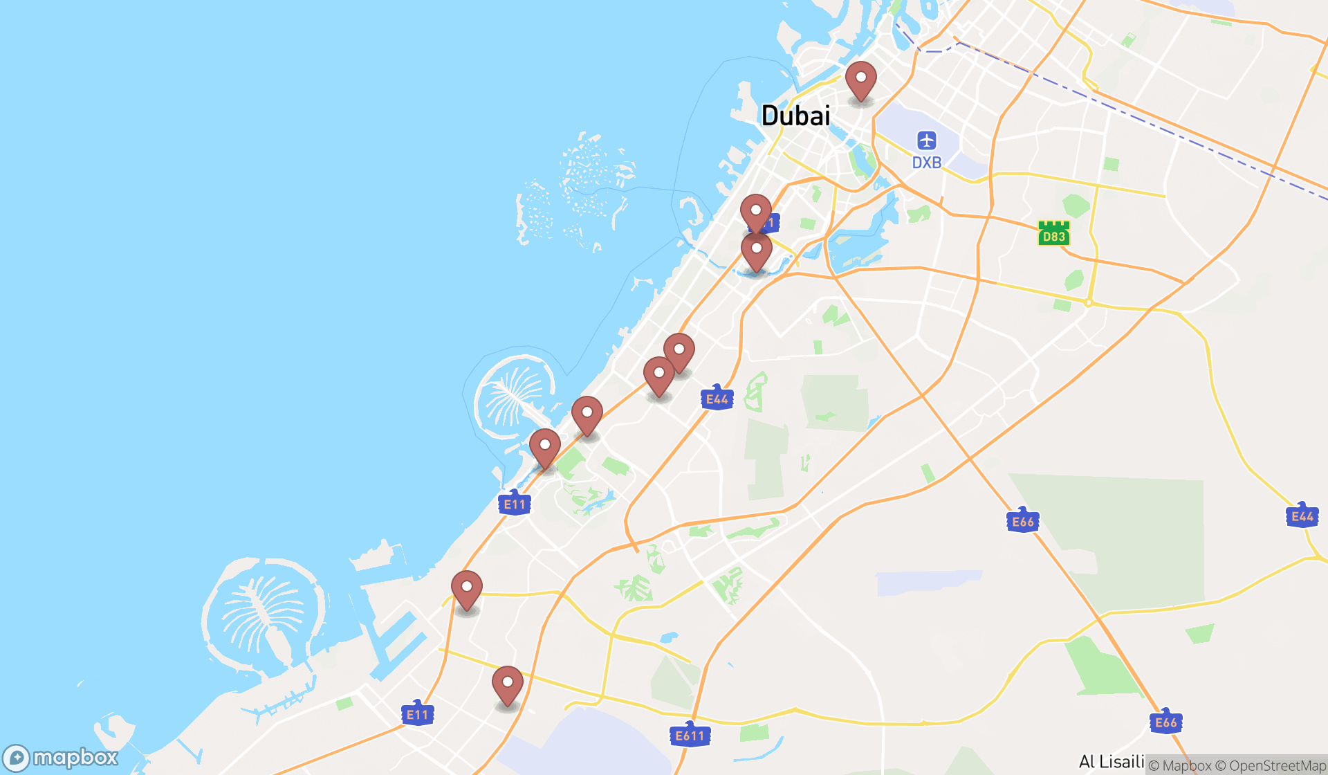 Map showing the search results in Dubai