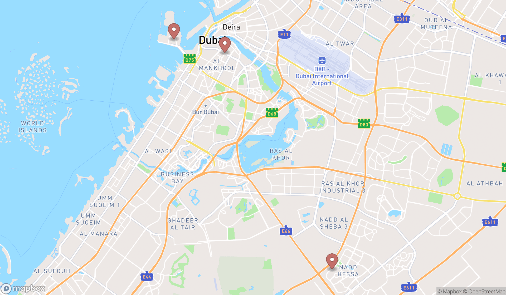 Map showing the search results in Dubai