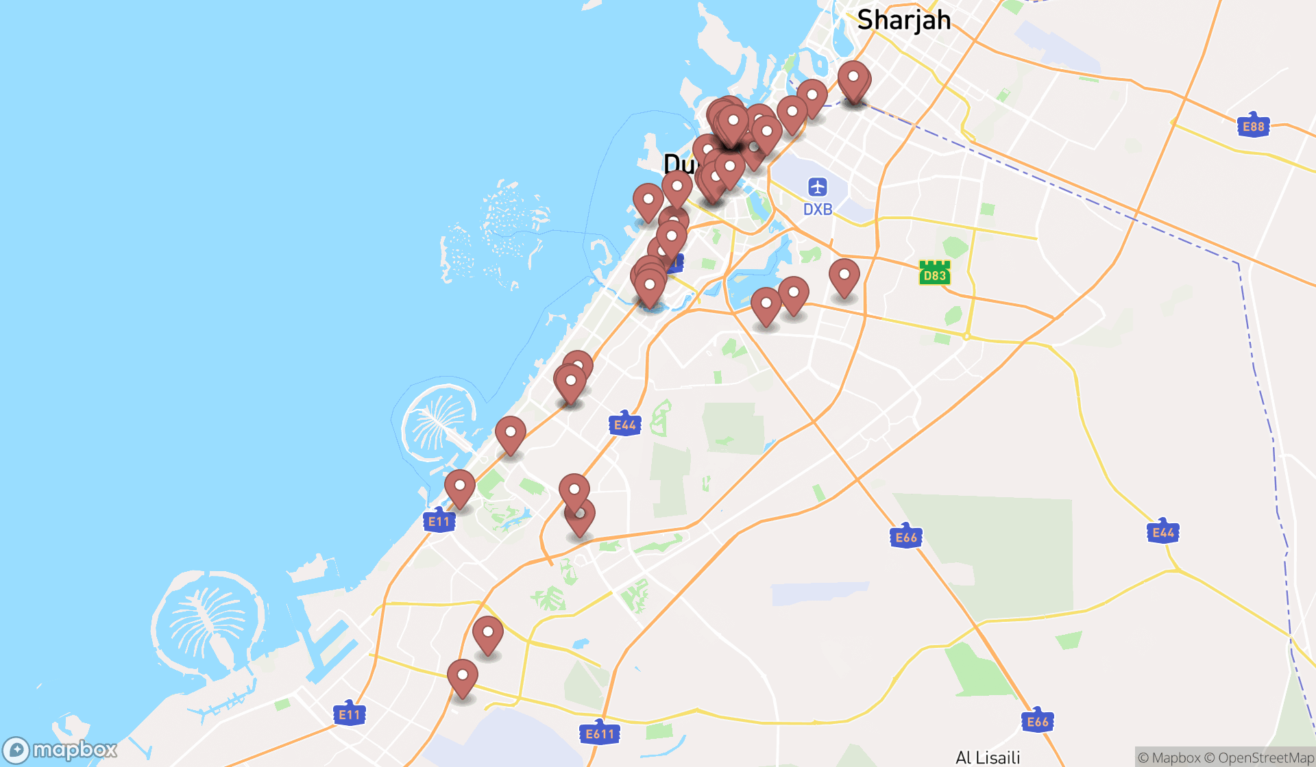 Map showing the search results in Dubai