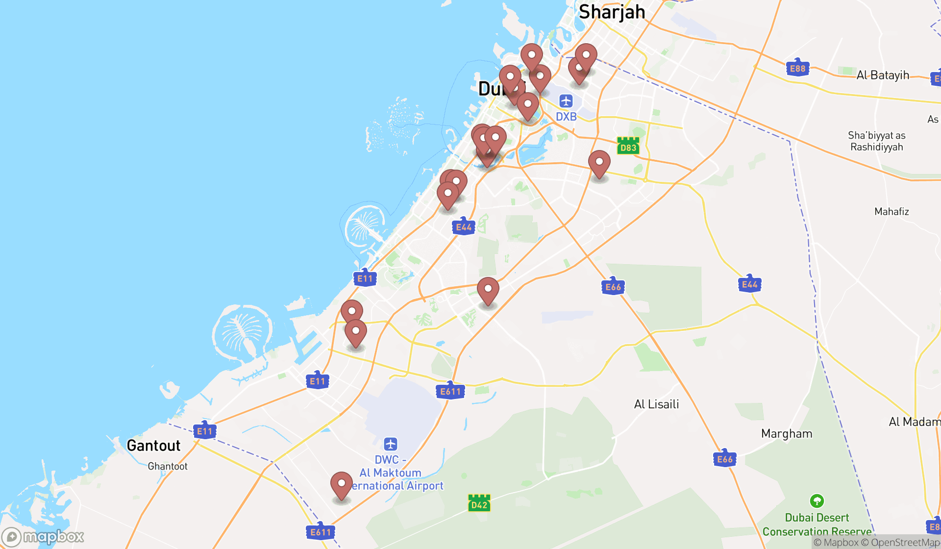 Map showing the search results in Dubai