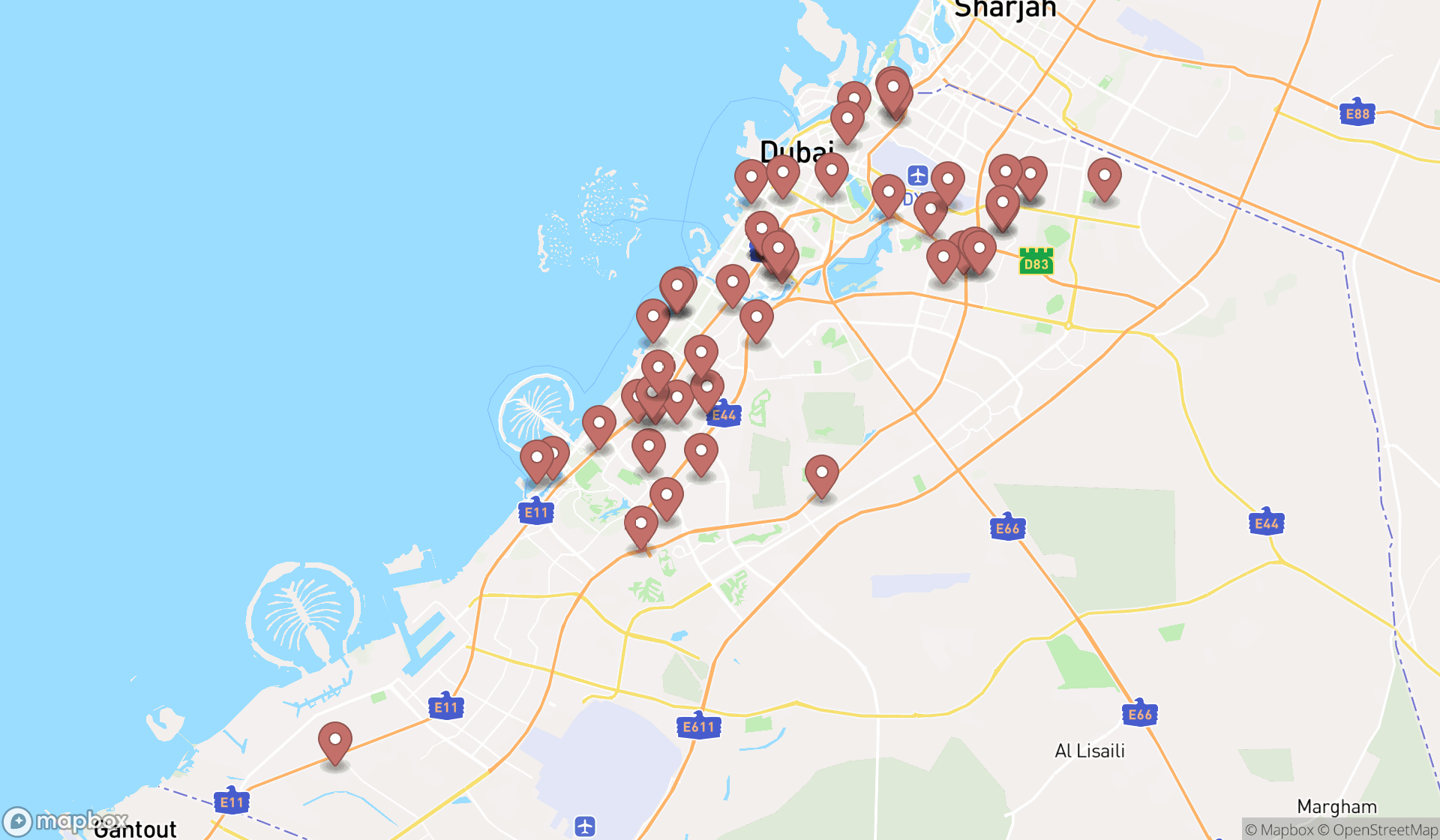 Map showing the search results in Dubai