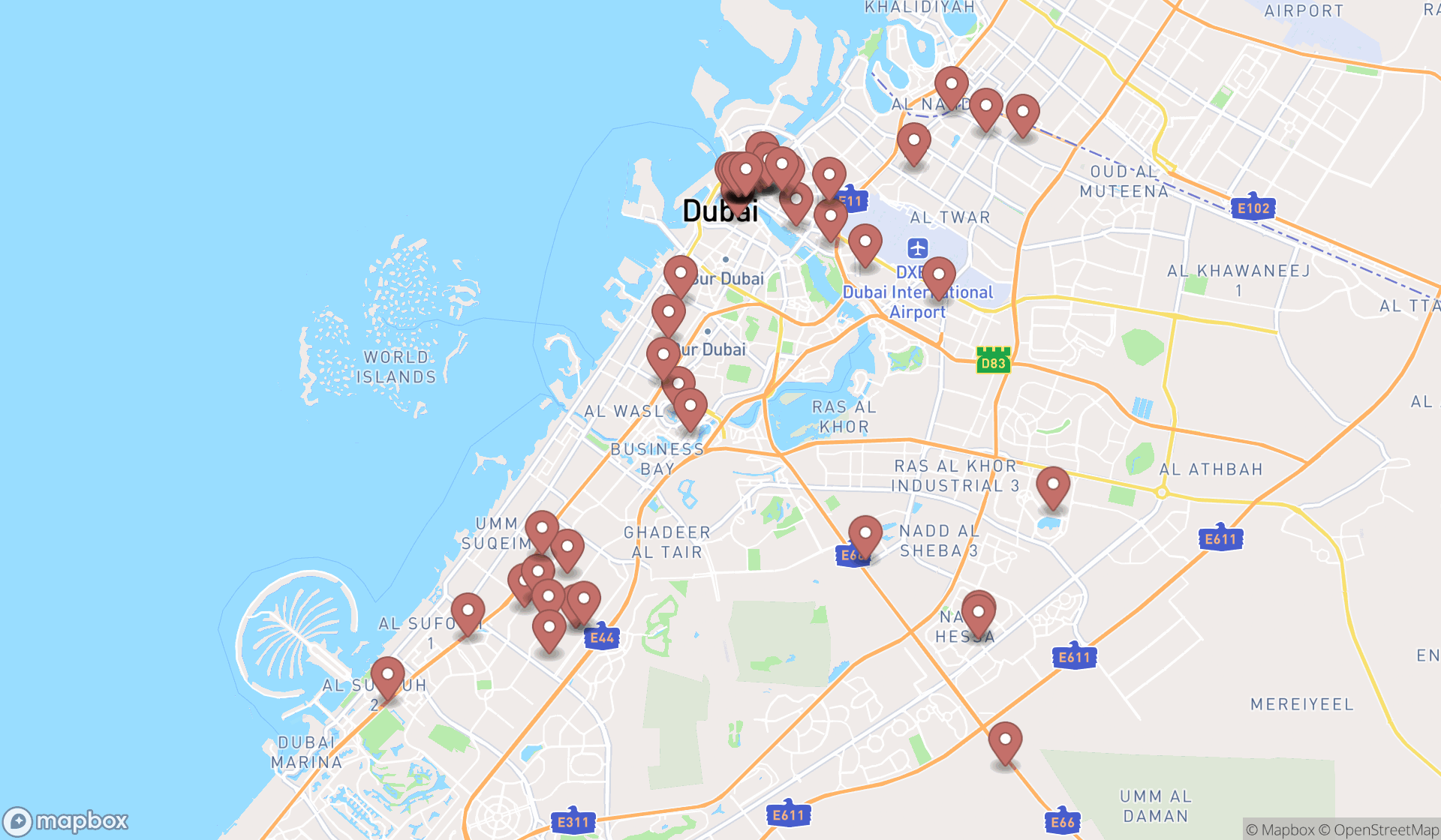Map showing the search results in Dubai