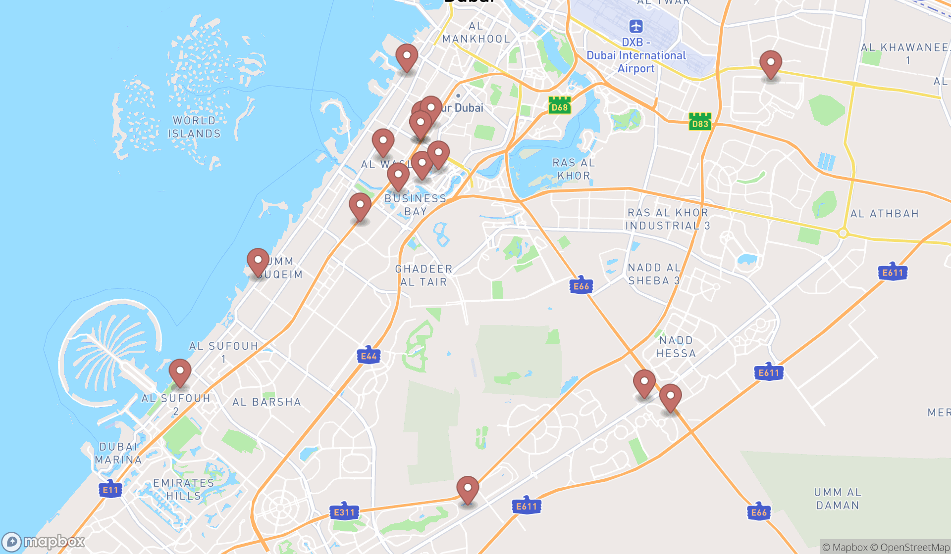 Map showing the search results in Dubai