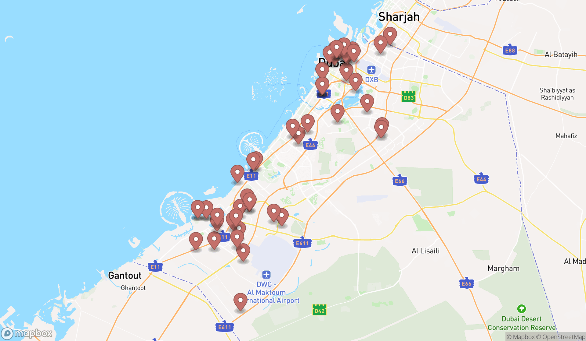 Map showing the search results in Dubai
