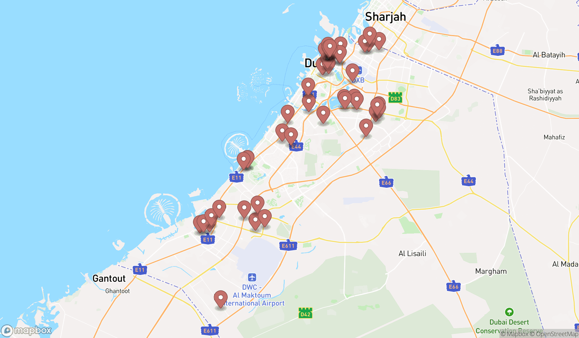 Map showing the search results in Dubai