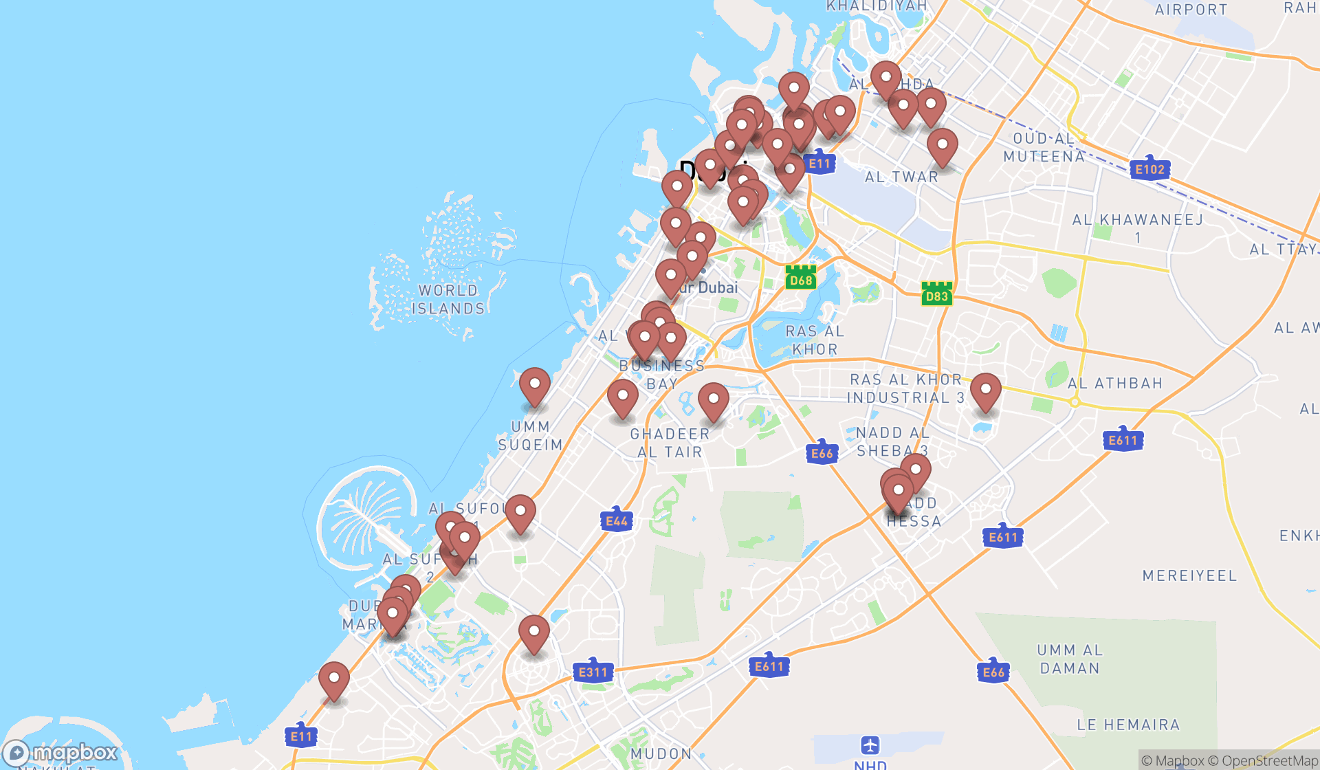 Map showing the search results in Dubai