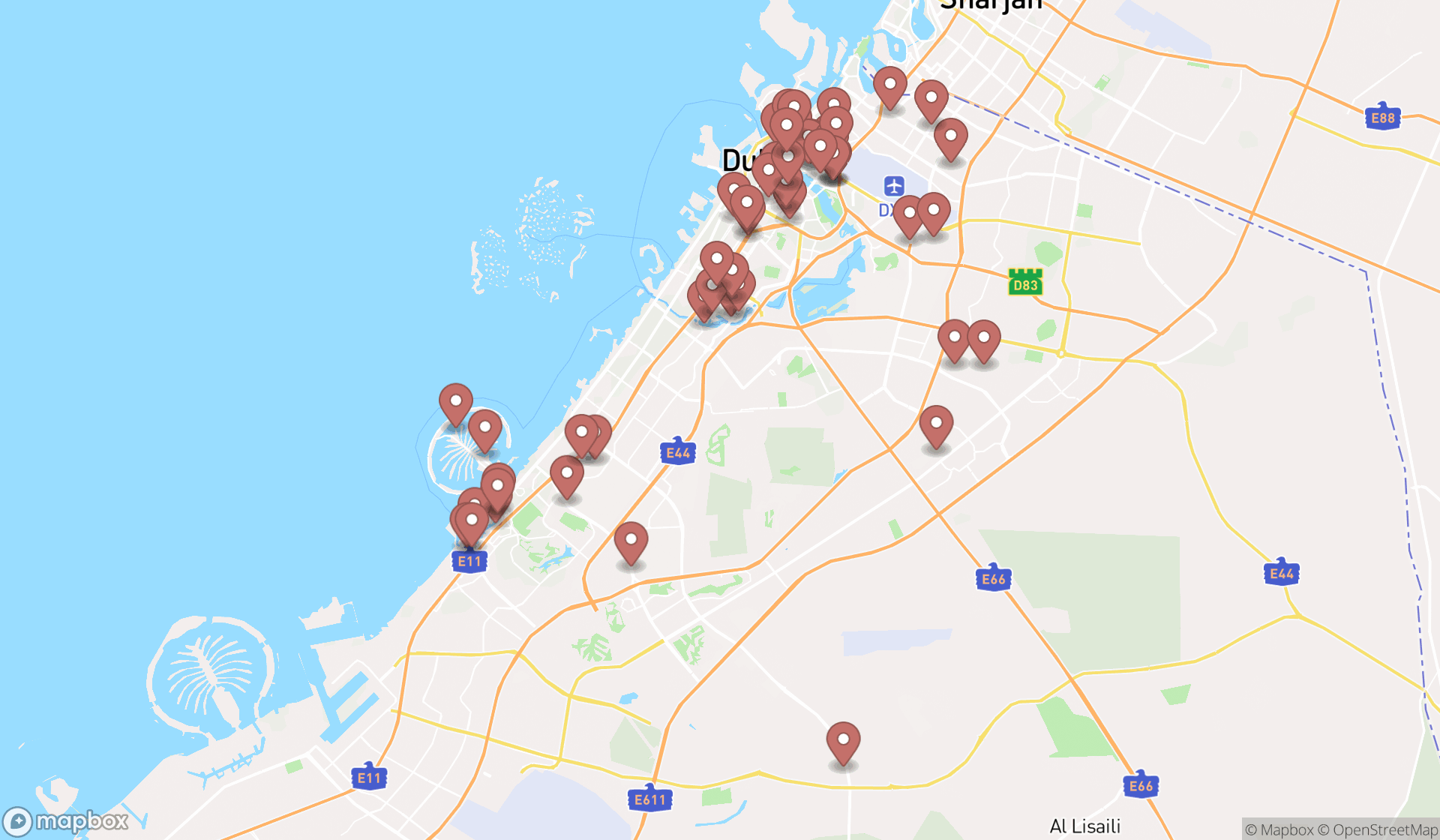 Map showing the search results in Dubai