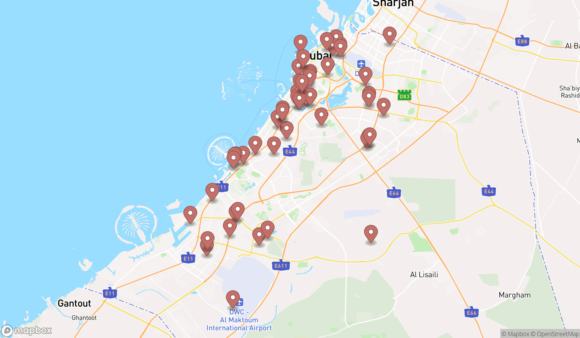 Map showing the search results in Dubai